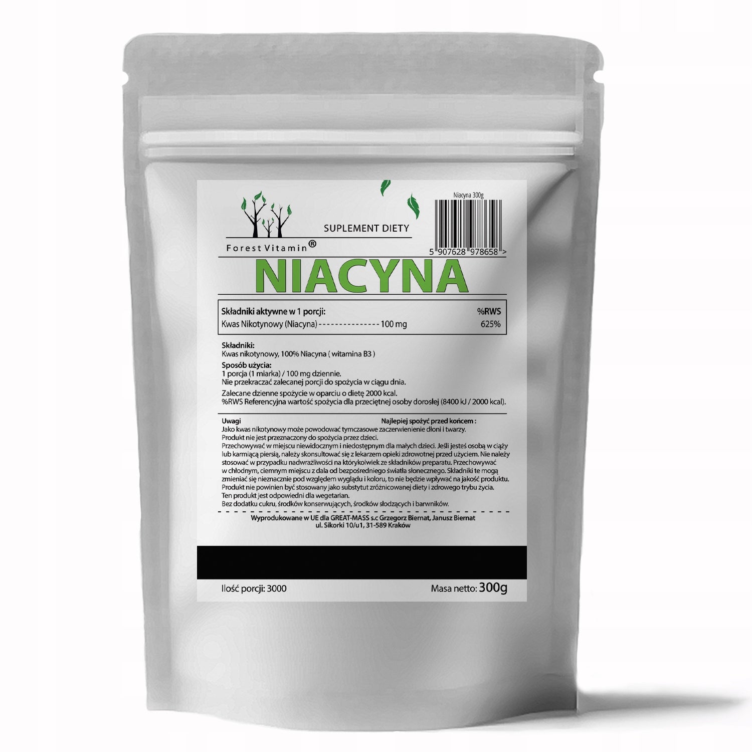 FOREST NIACIN NICOTINIC ACID B3 300g 100% Brand Forest Vitamin