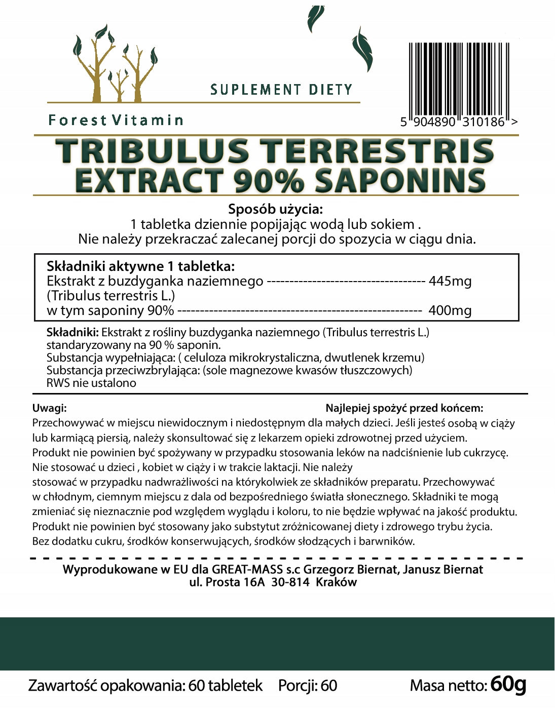 FOREST VITAMIN Tribulus Terrestris 90% Saponin 60t Packaging status original