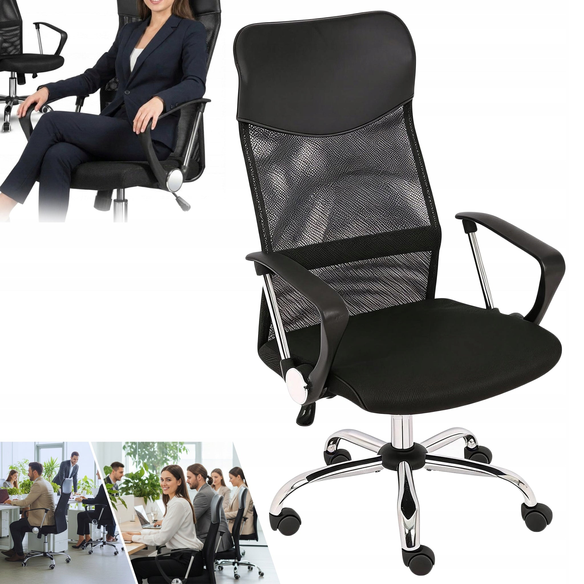 FOTEL BIUROWY OBROTOWY ERGONOMICZNY SIATKA BIURKA REGULOWANY CZARNY OPARCIE