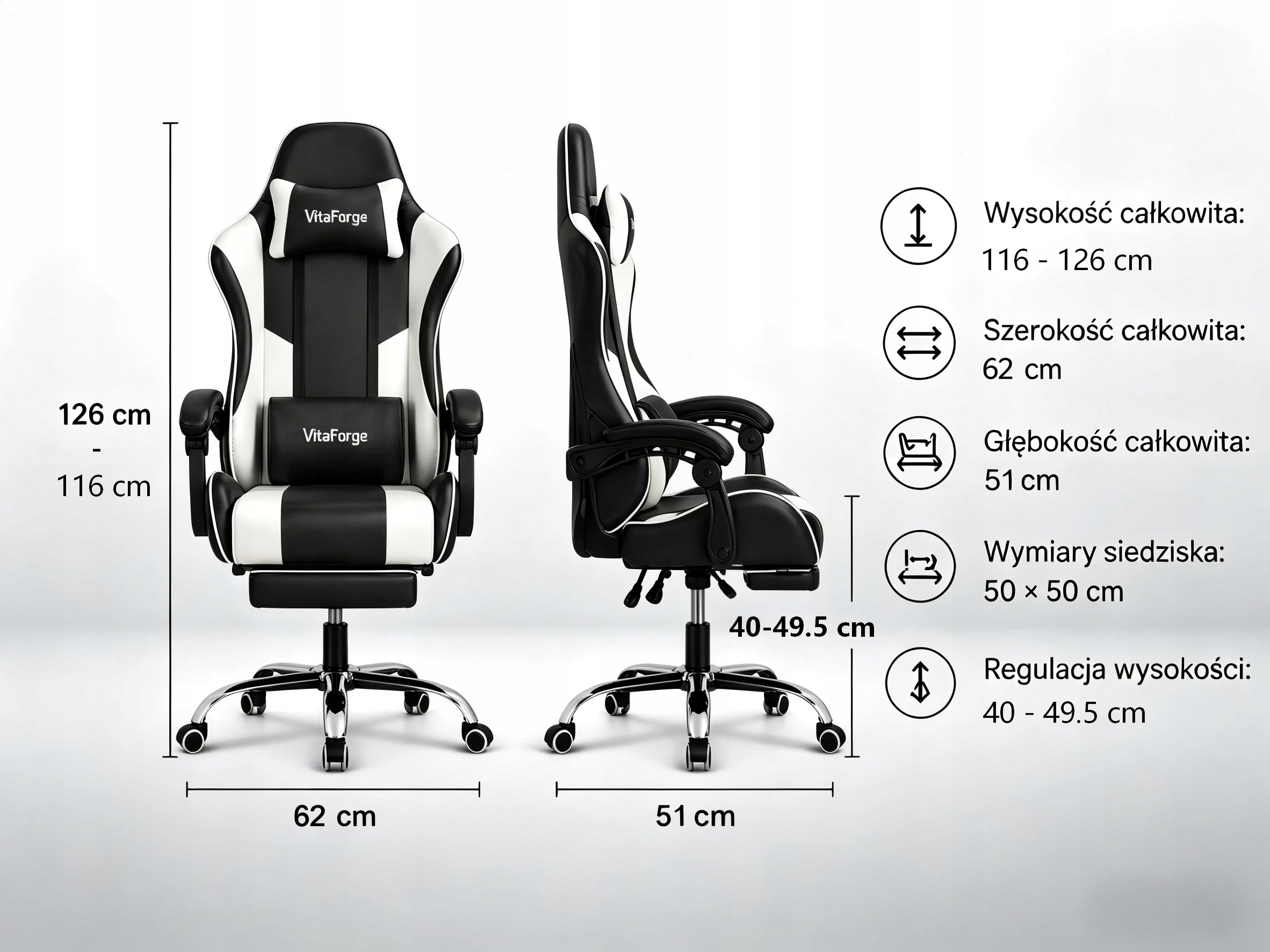 FOTEL GAMINGOWY VitaForge BIUROWY KRZESŁO GRACZA OBROTOWY KUBEŁKOWY CZARNY Furniture width 50 cm