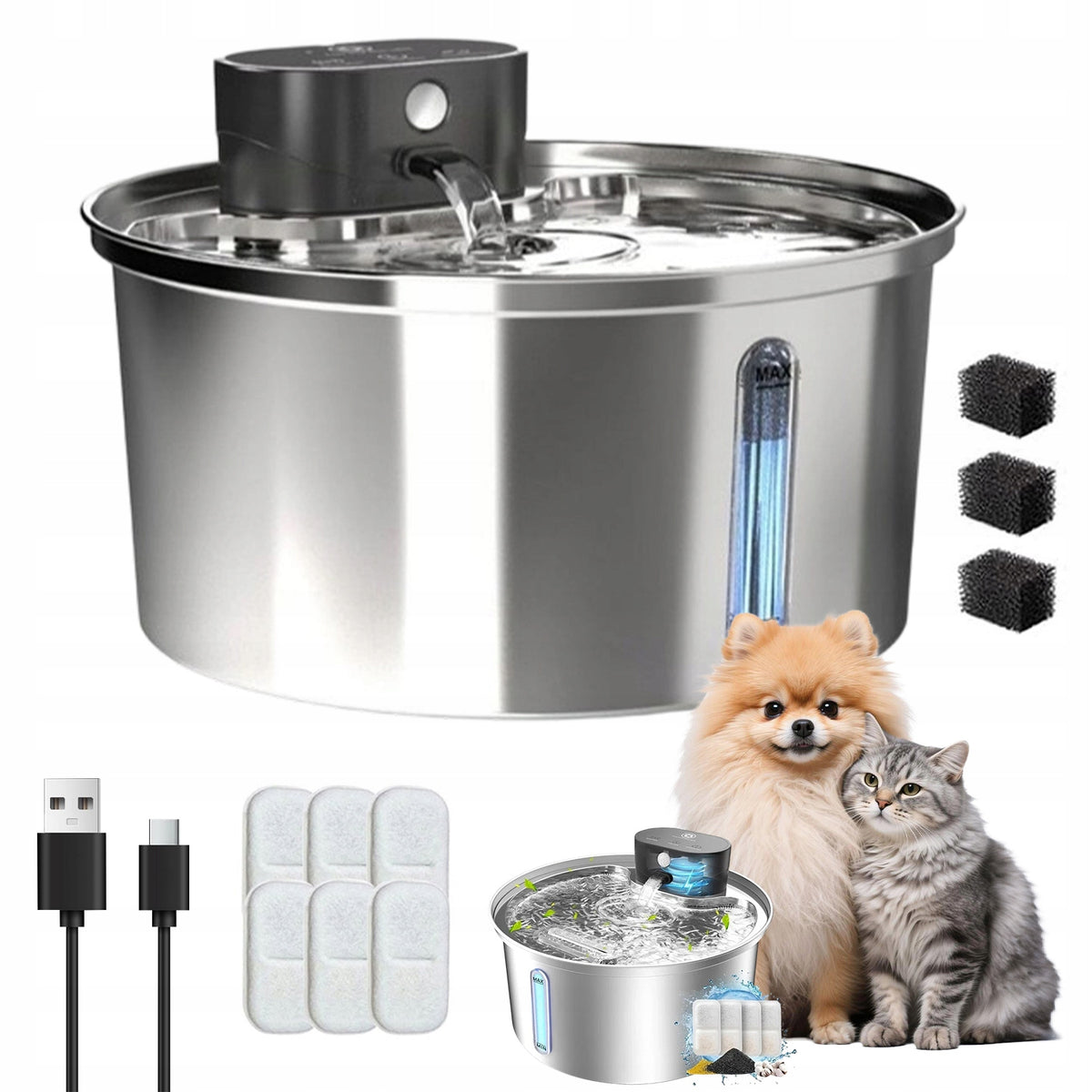 FOUNTAIN CAT DRINKER DOG BOWL AUTOMATIC DRINKER + QUIET FILTER