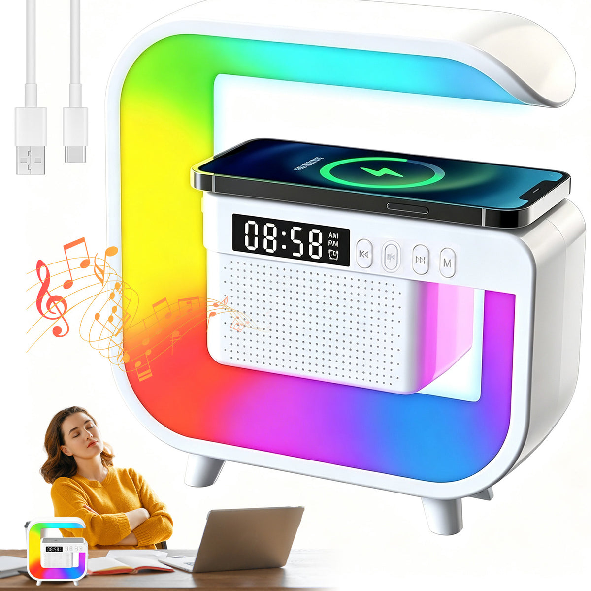 FOUR-FUNCTION BLUETOOTH SPEAKER WITH LED LAMP AND 15W QI CHARGER