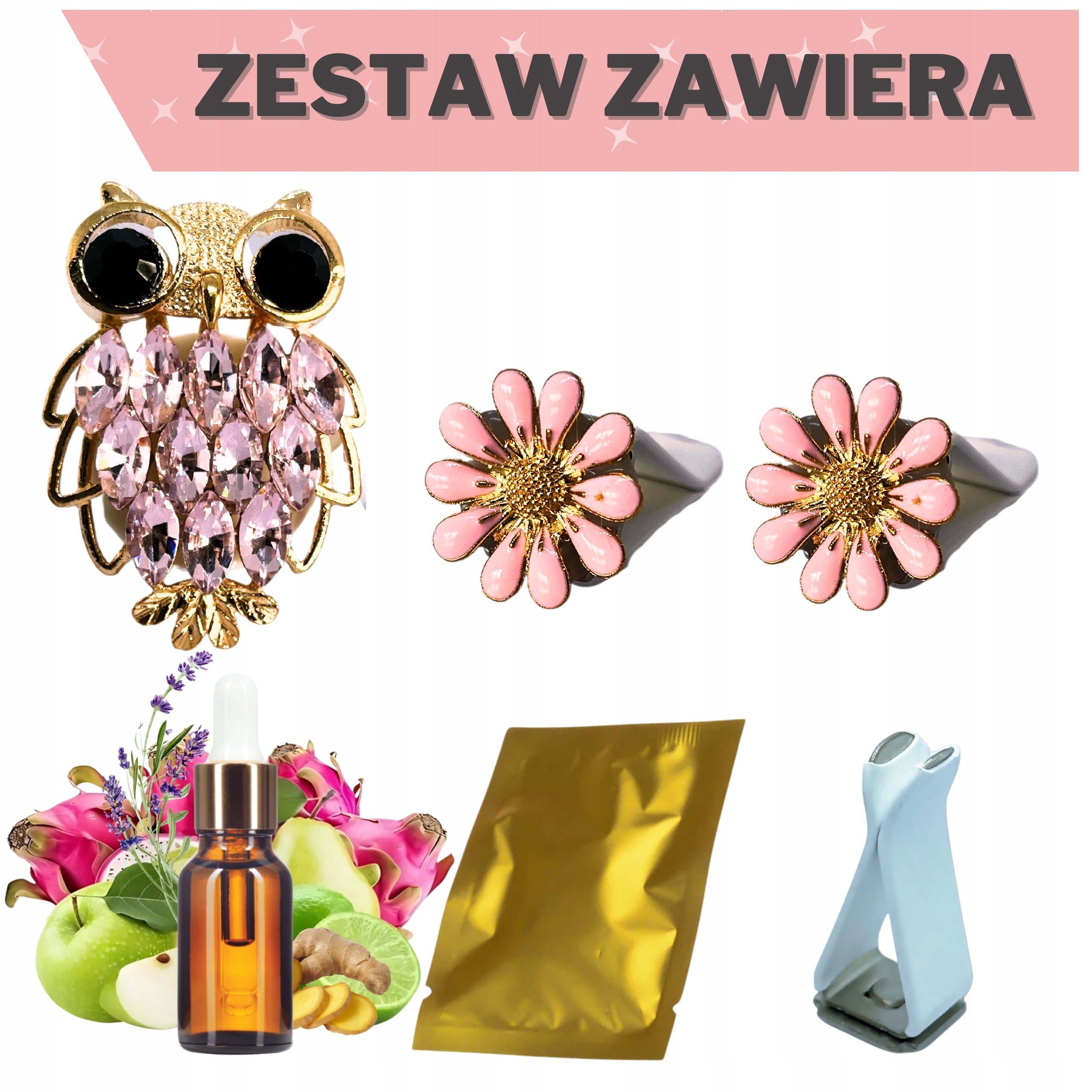 FRAGRANCE FOR CAR ORNAMENT SET + FRAGRANCE OIL OWL DIFFUSER FOR CAR Manufacturer's catalog number zapach ozdoba sowa olejek