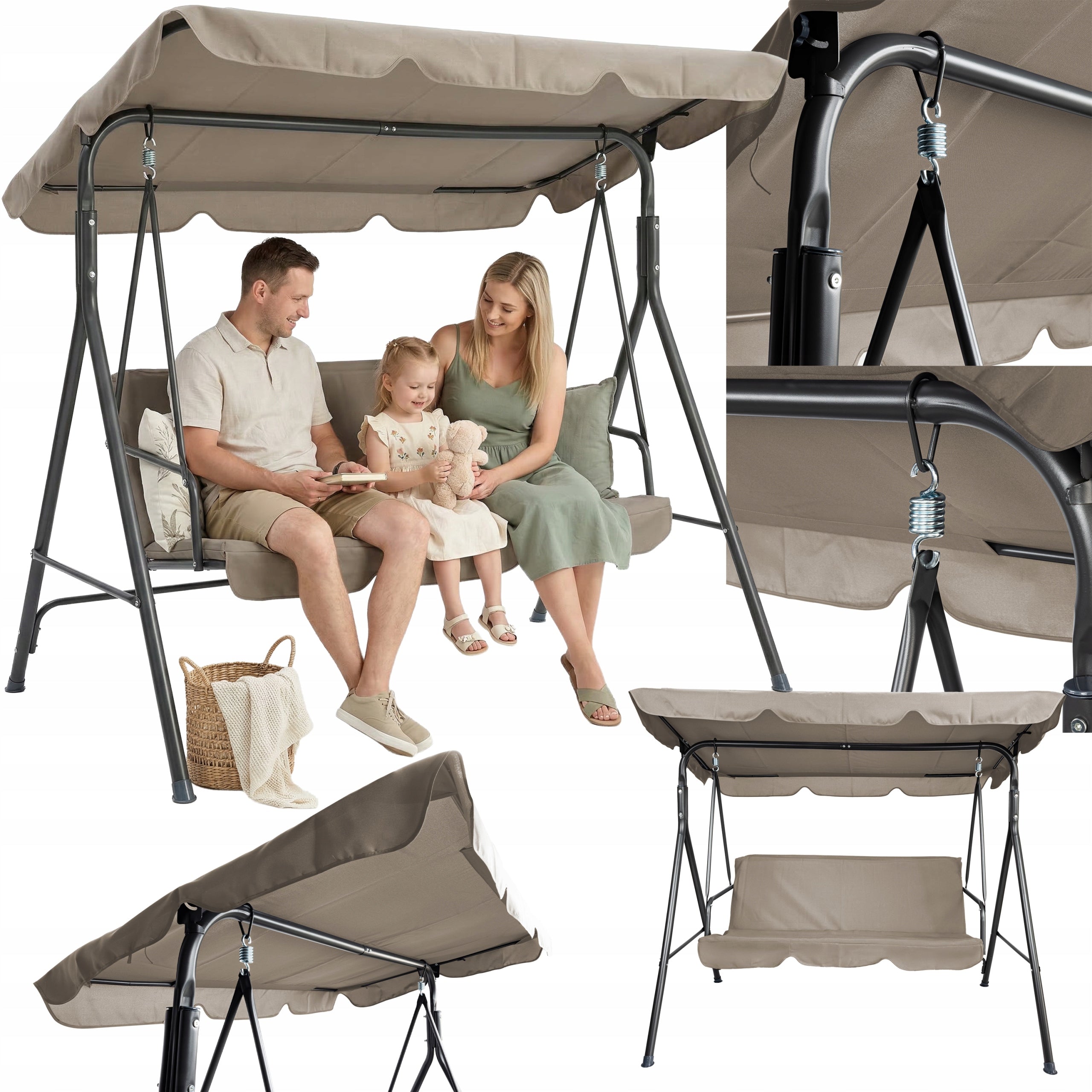 FREESTANDING GARDEN SWING 3 SEATER ROCKING BENCH BEIGE CANOPY STRONG