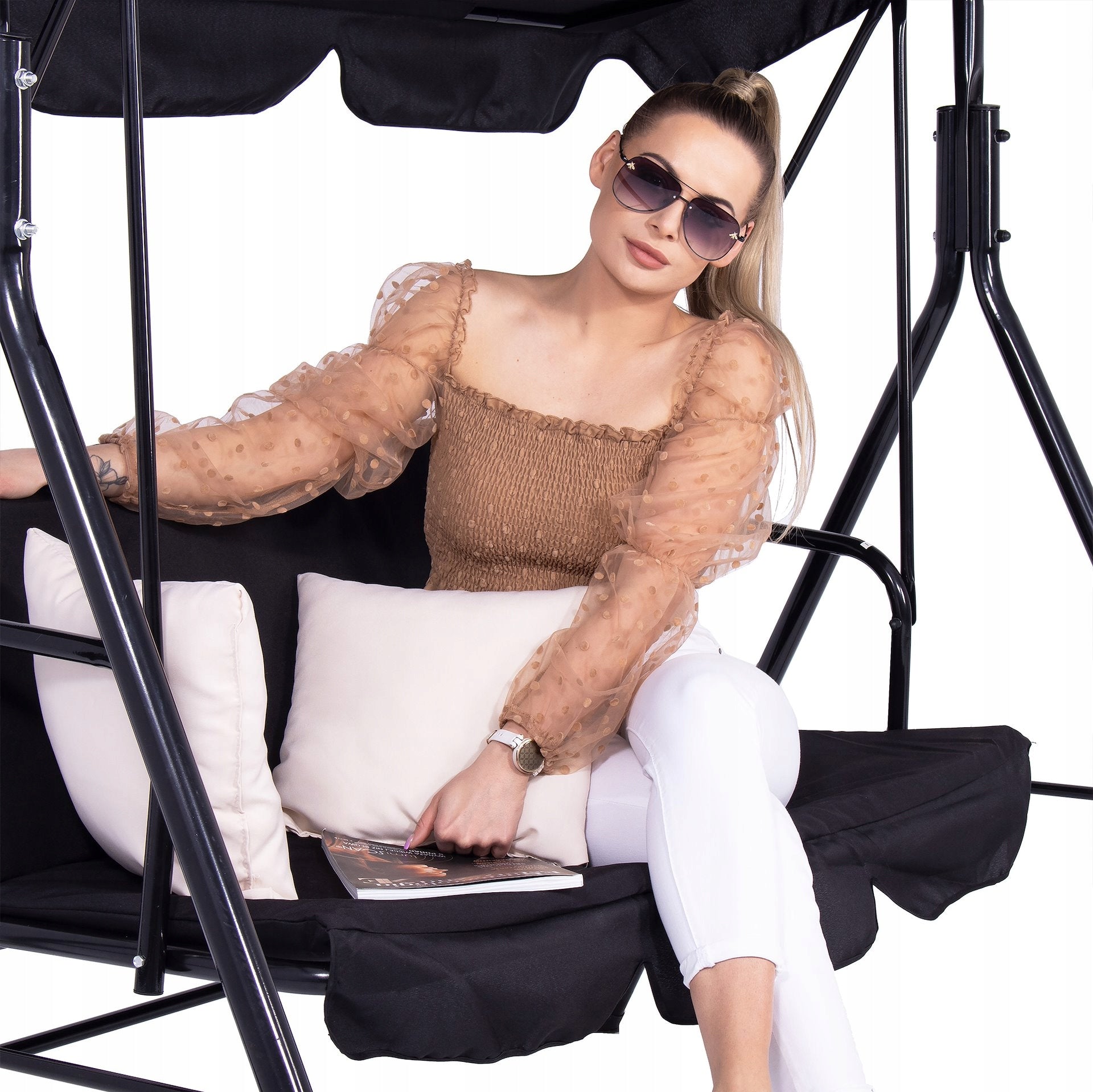 FREESTANDING GARDEN SWING 3 SEATER ROCKING BENCH BLACK CANOPY STRONG Packaging status original