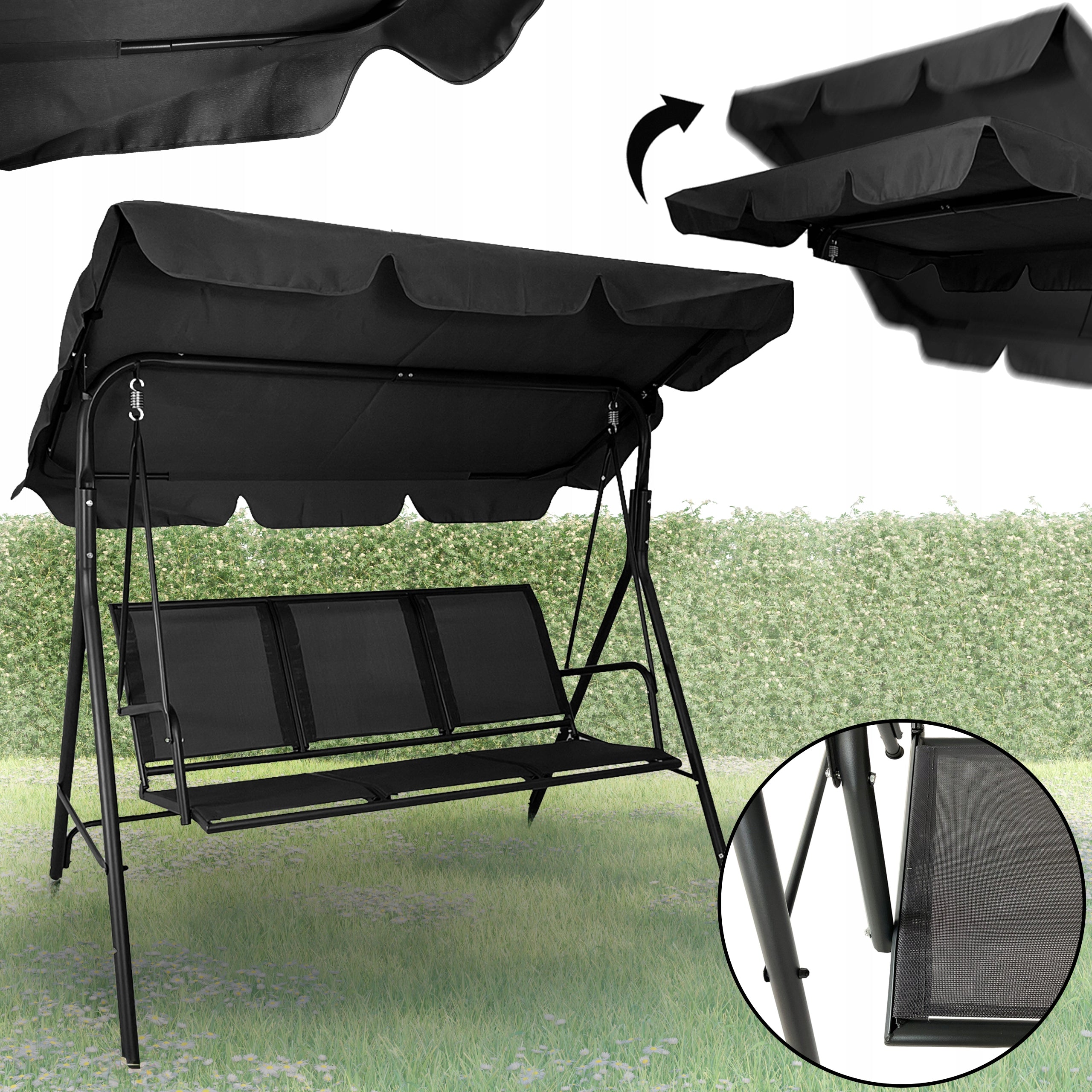 FREESTANDING GARDEN SWING 3 SEATER ROCKING BENCH CANOPY SPLIT BLACK Manufacturer code 5.17.13549