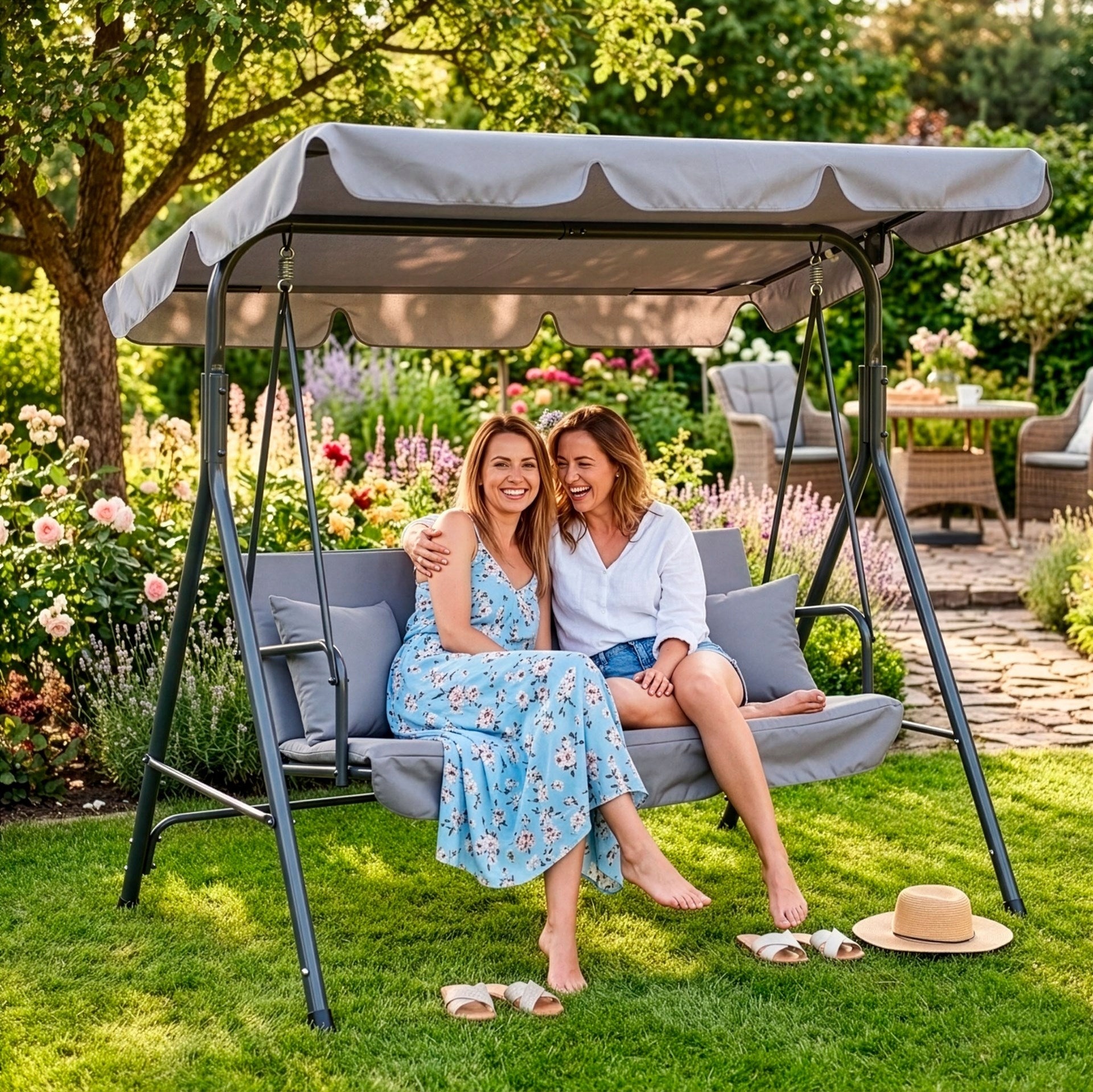 FREESTANDING GARDEN SWING 3 SEATER ROCKING BENCH GREY CANOPY STRONG Kind freestanding