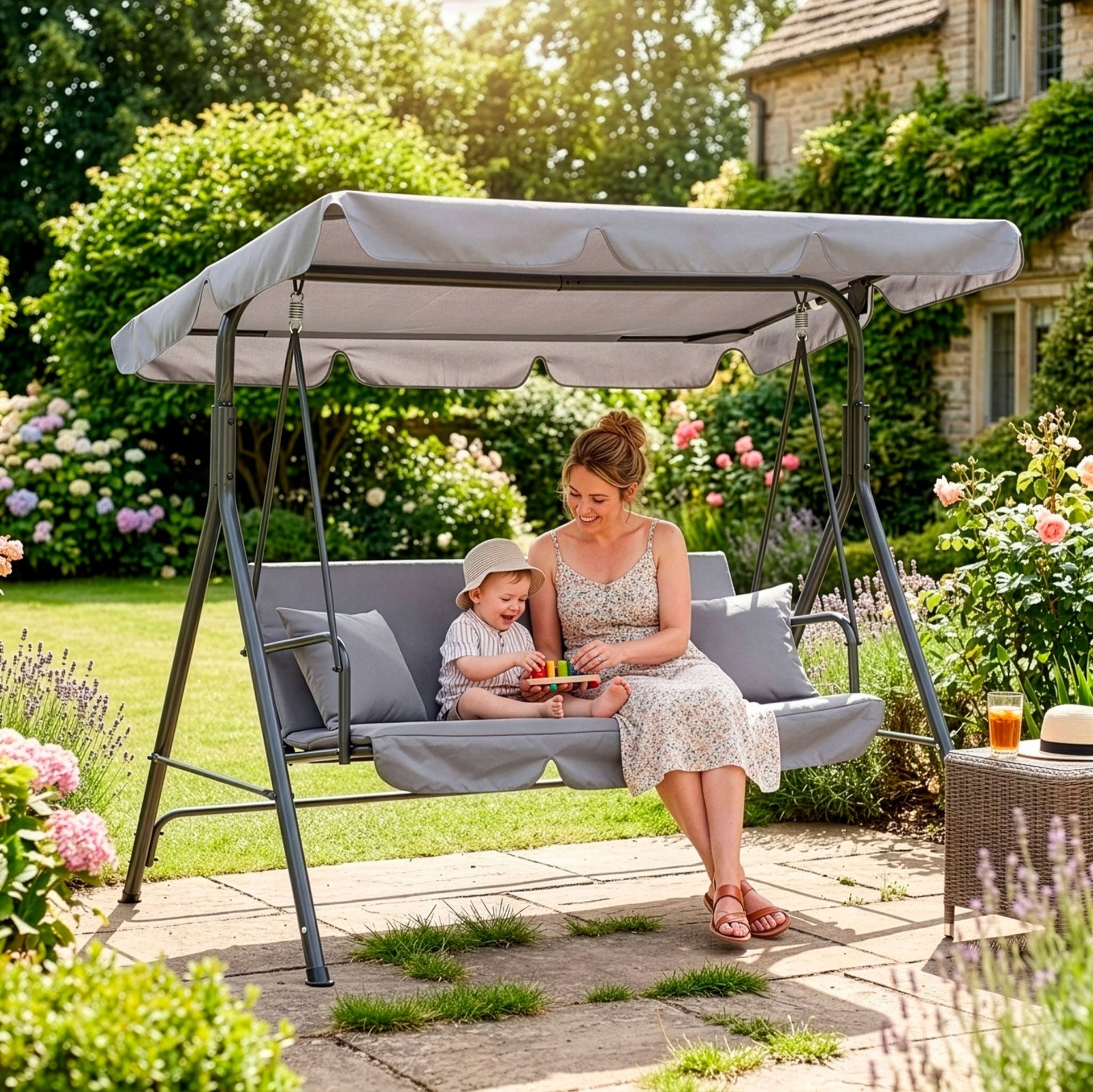 FREESTANDING GARDEN SWING 3 SEATER ROCKING BENCH GREY CANOPY STRONG Line GS0013 HUŚTAWKA OGRODOWA LUNA SPRINGOS