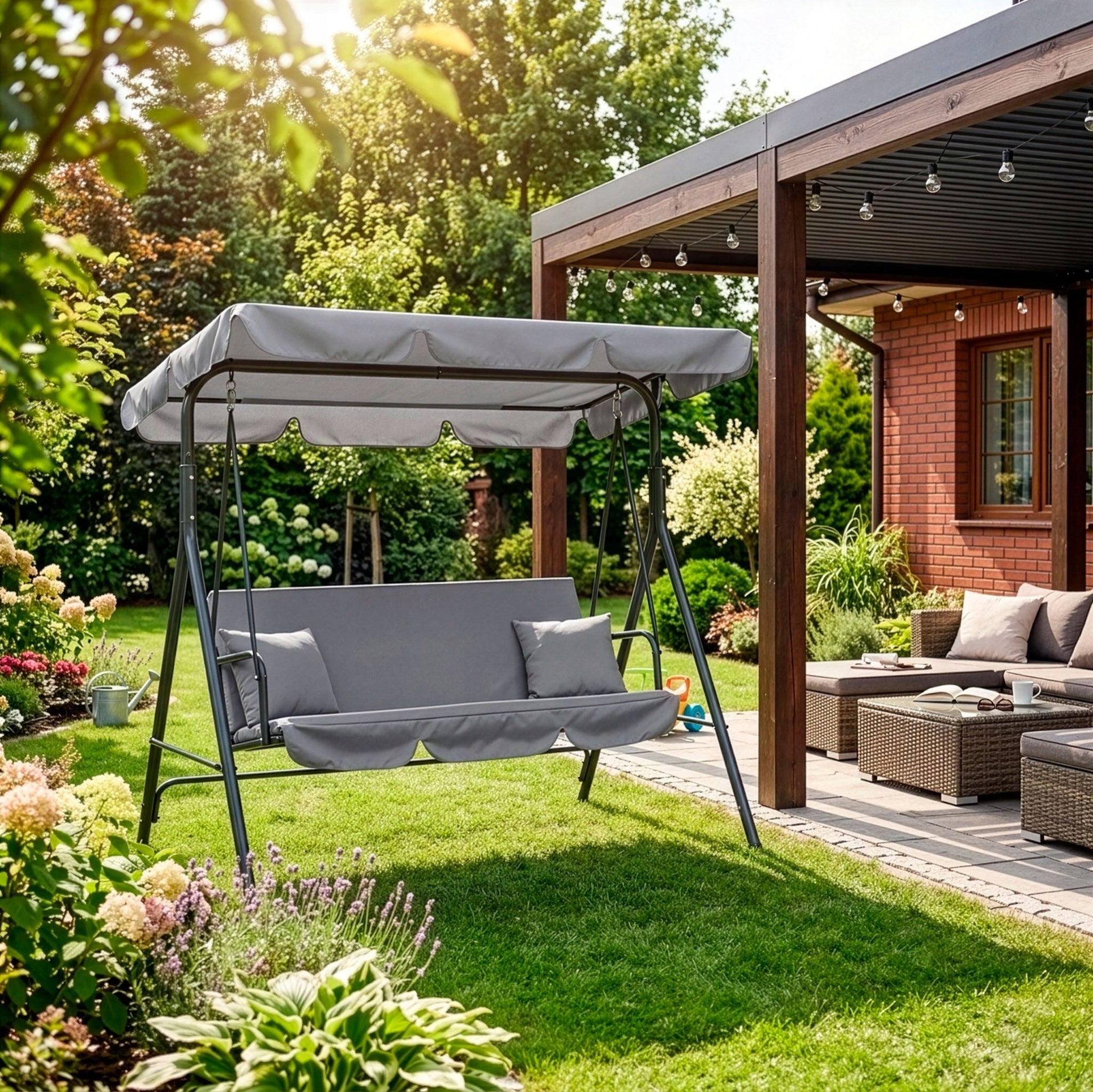 FREESTANDING GARDEN SWING 3 SEATER ROCKING BENCH GREY CANOPY STRONG Packaging status original