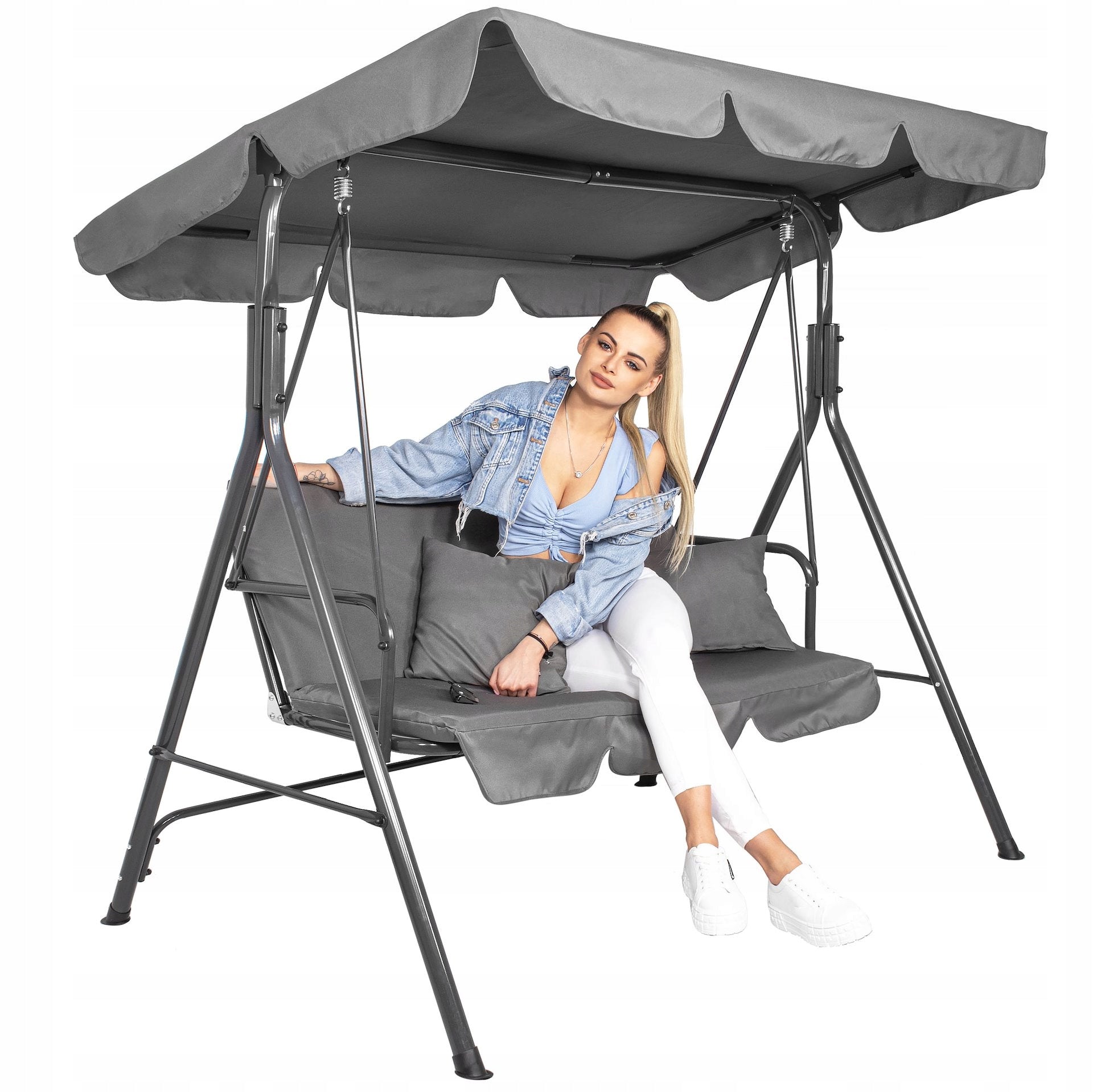 FREESTANDING GARDEN SWING 3 SEATER ROCKING BENCH GREY CANOPY STRONG Seat length 170 cm