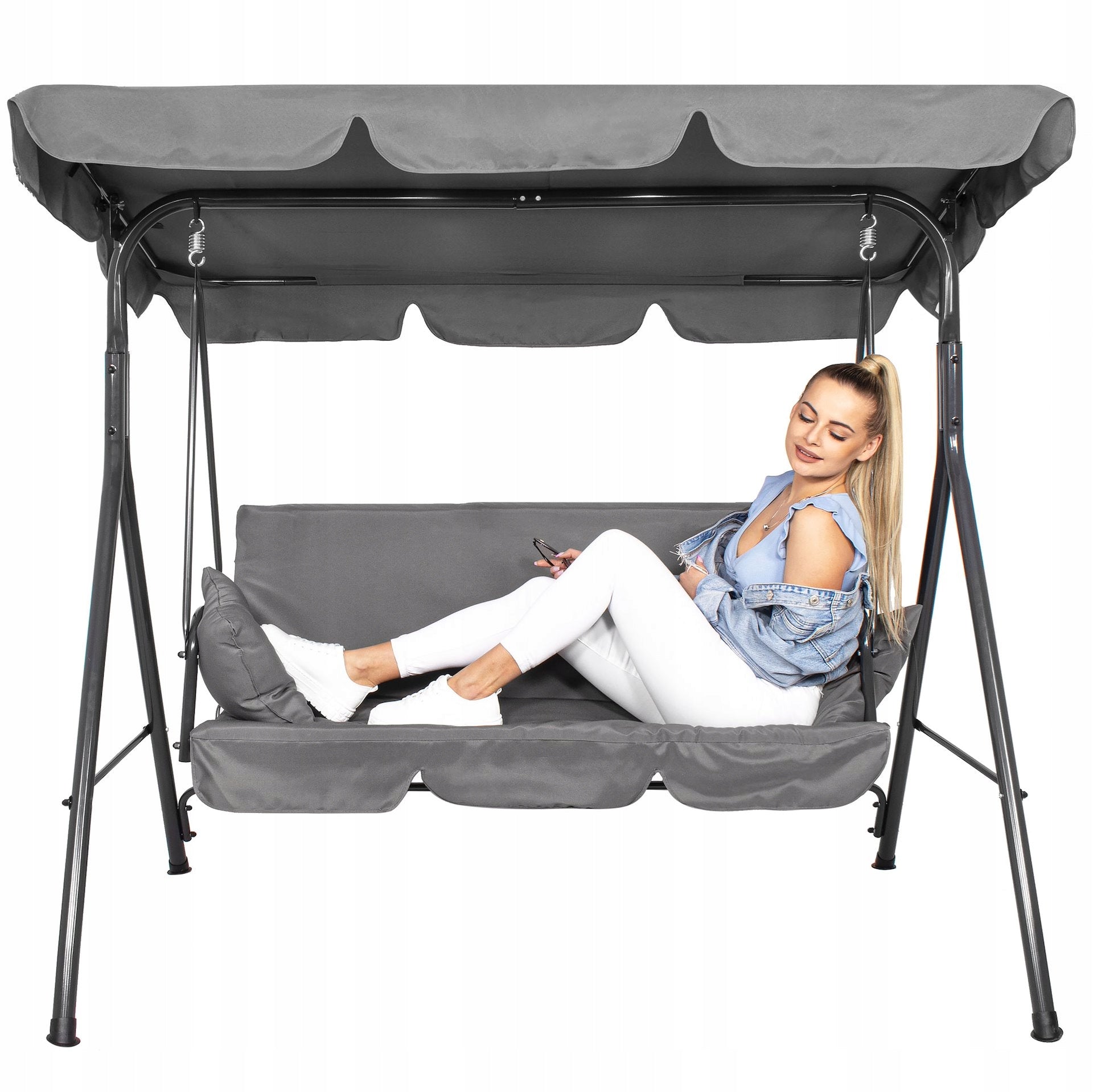 FREESTANDING GARDEN SWING 3 SEATER ROCKING BENCH GREY CANOPY STRONG Style modern