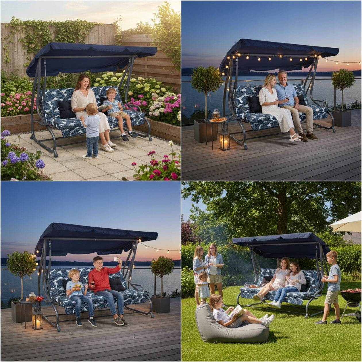 FREESTANDING ROCKING GARDEN SWING WITH VISOR 2in1 + PILLOWS Seat length 185 cm