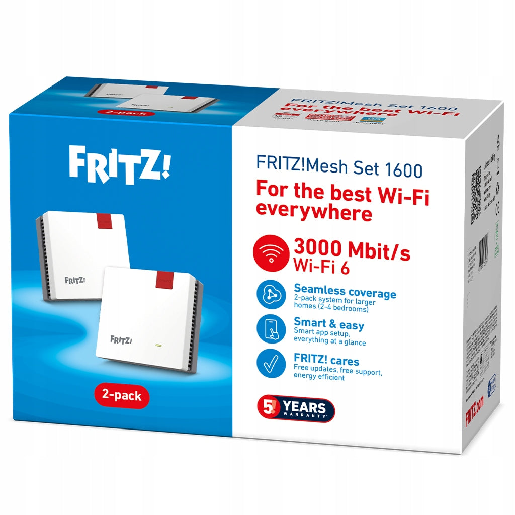 FRITZ! Mesh WiFi System Set 1600 2-pack Wi-Fi 6 (2x Repeater 1200 AX v2) Packaging status original