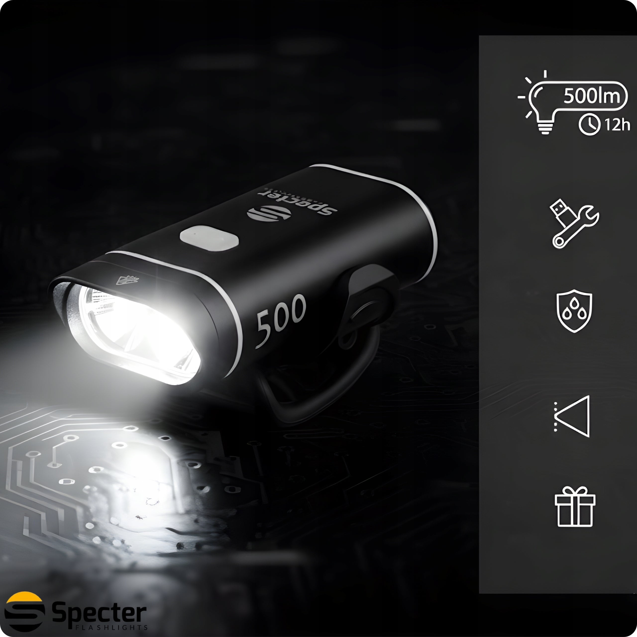 FRONT BIKE LIGHT LED USB C Specter USB C XPG500 ALUMINUM 500lm Brand Specter