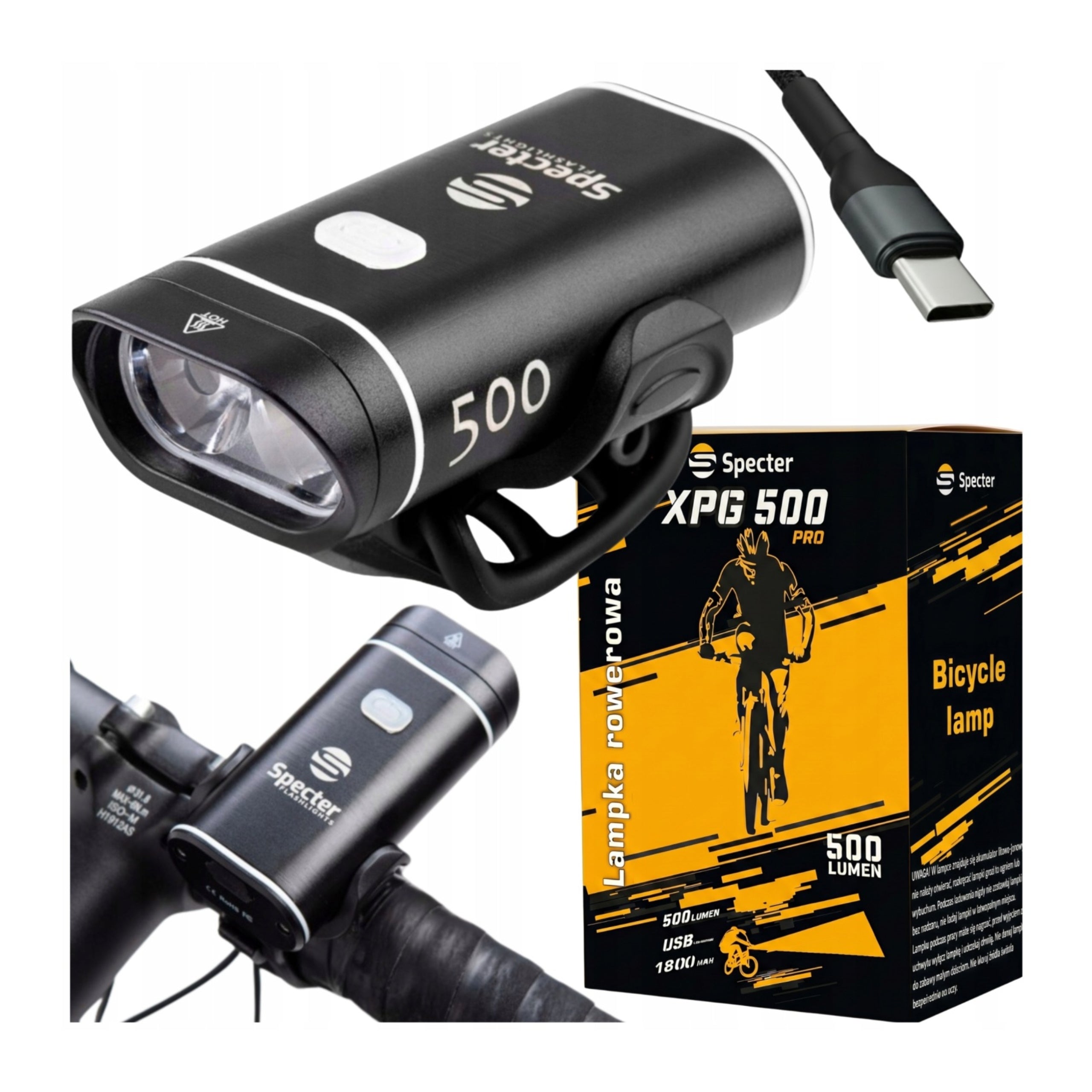 FRONT BIKE LIGHT LED USB C Specter USB C XPG500 ALUMINUM 500lm