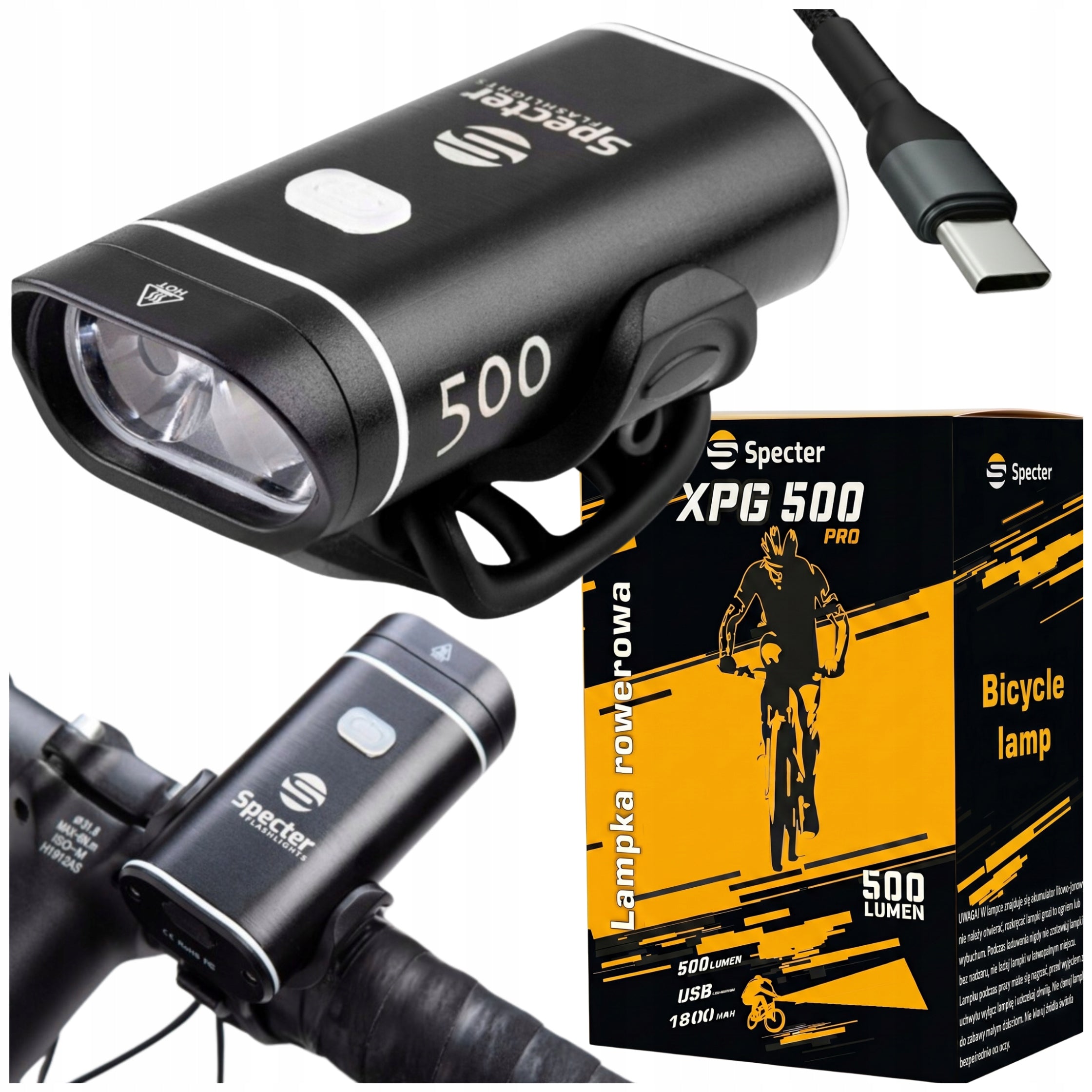 FRONT BIKE LIGHT LED USB C Specter USB C XPG500 ALUMINUM 500lm