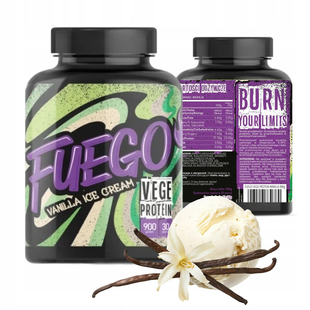 FUEGO VEGE PROTEIN 900 G VANILLA DELICIOUS Vegetable Protein Expiration date at least six months from the date of purchase