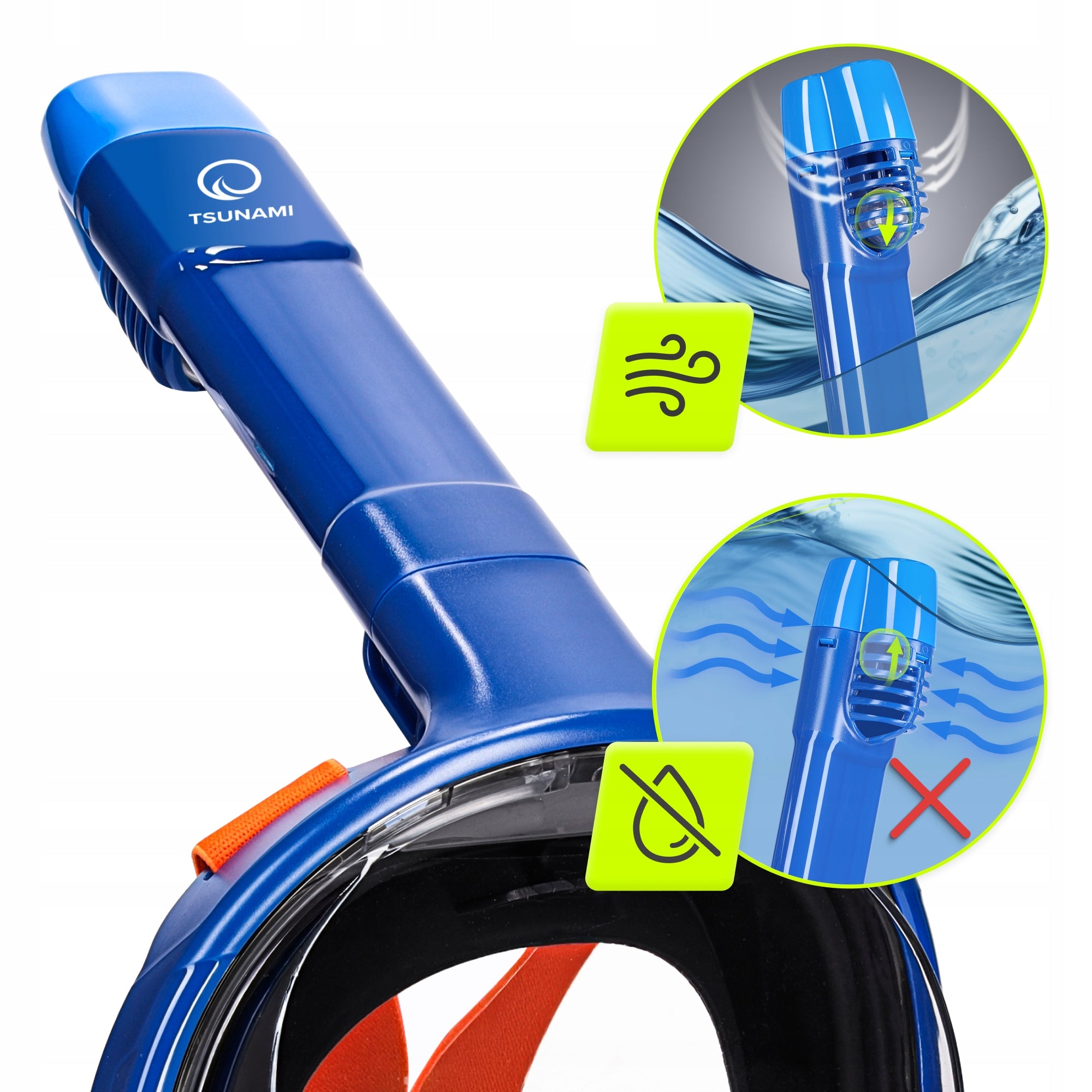 FULL FACE PANORAMIC SWIMMING DIVING MASK WITH FOLDING TUBE Color blue