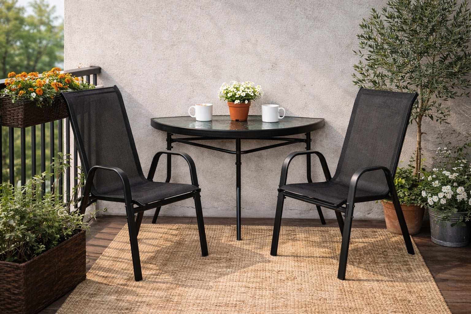 FURNITURE FOR BALCONY TABLE +2 CHAIRS GARDEN SET FURNITURE SET BLACK Packaging status original