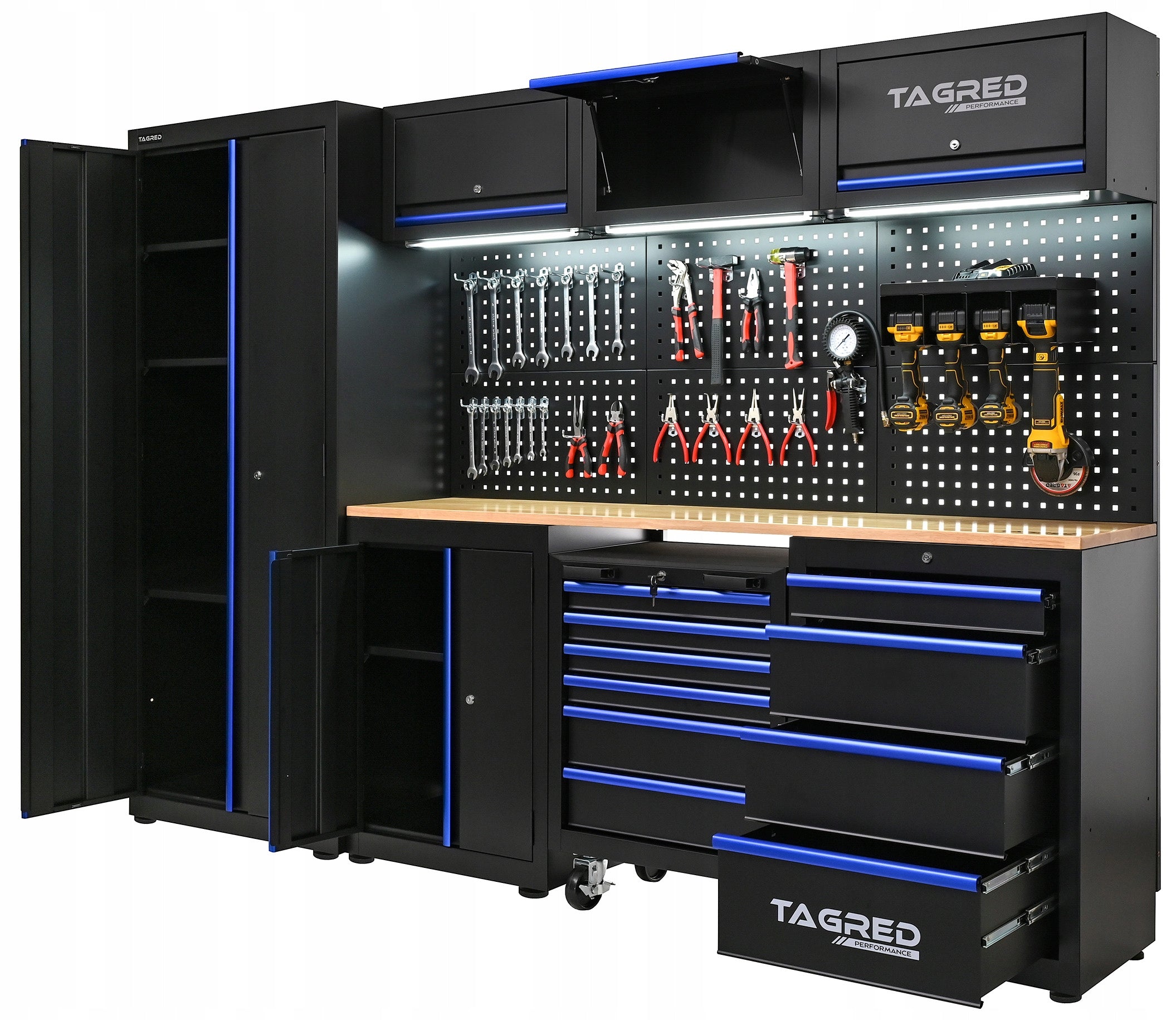FURNITURE FOR WORKSHOP, GARAGE 8 MODULES, LED TOOL CABINET + SET Color blue