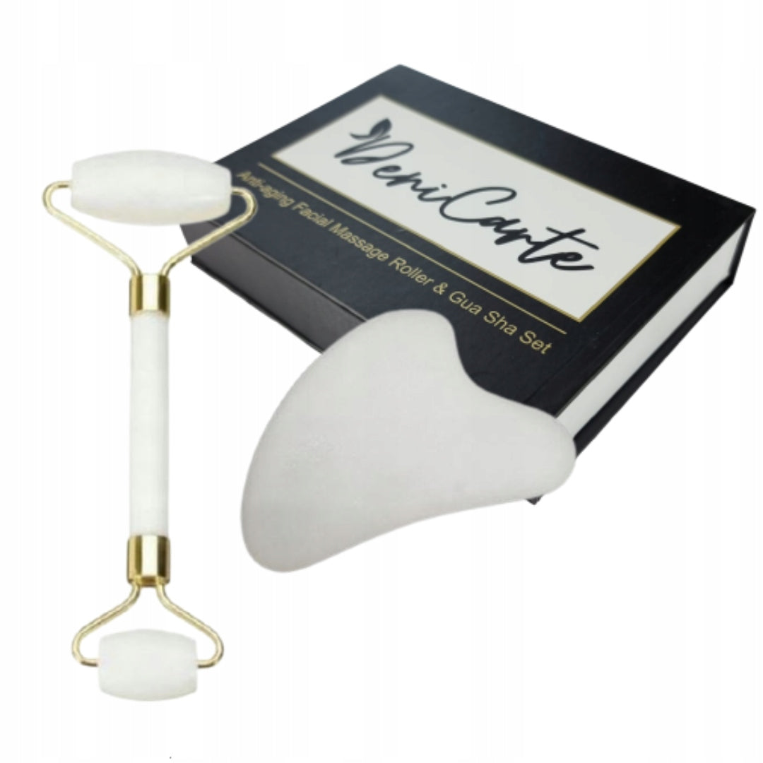 Face Massage Gift Set Stone Gua Sha Roller Jade White