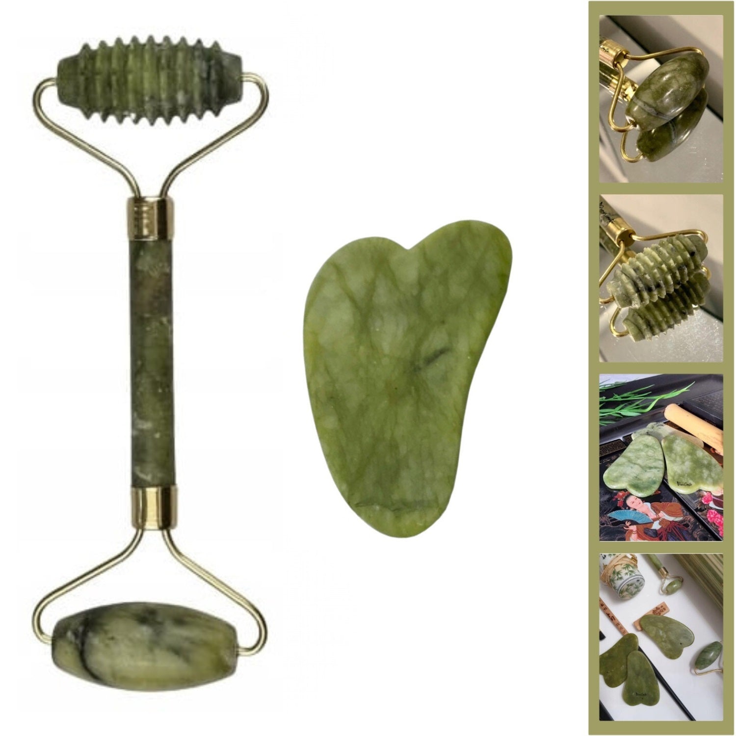 Face Massager Roller + Gua Sha Set Jade Stone Corrugated