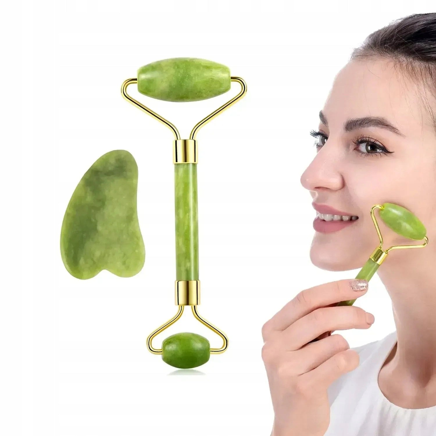 Face Quartz Roller Massager Set + Gua Sha Stone