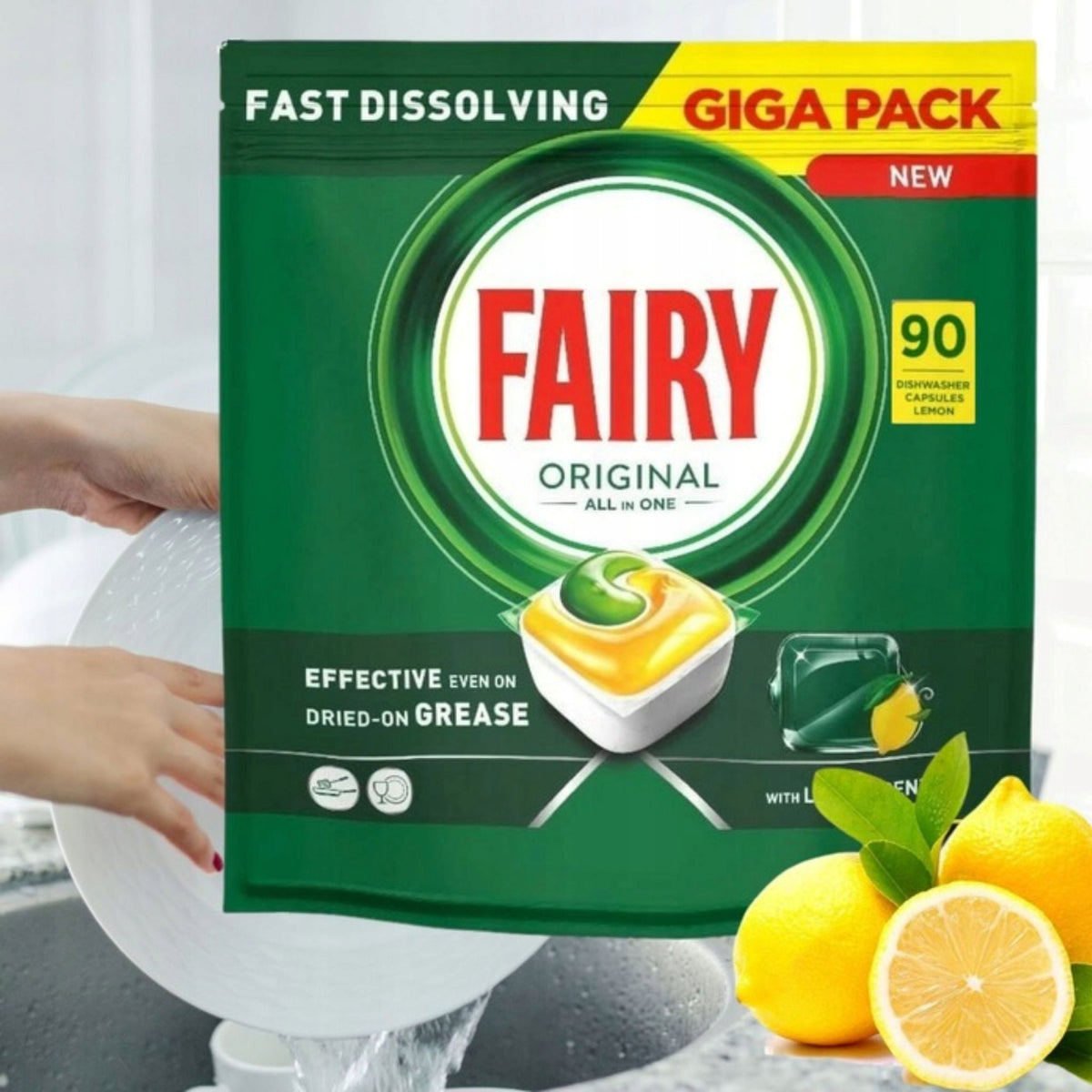 Fairy Original All In One Dishwasher Capsules Lemon 90 Pack GIGA PACK Packaging status original