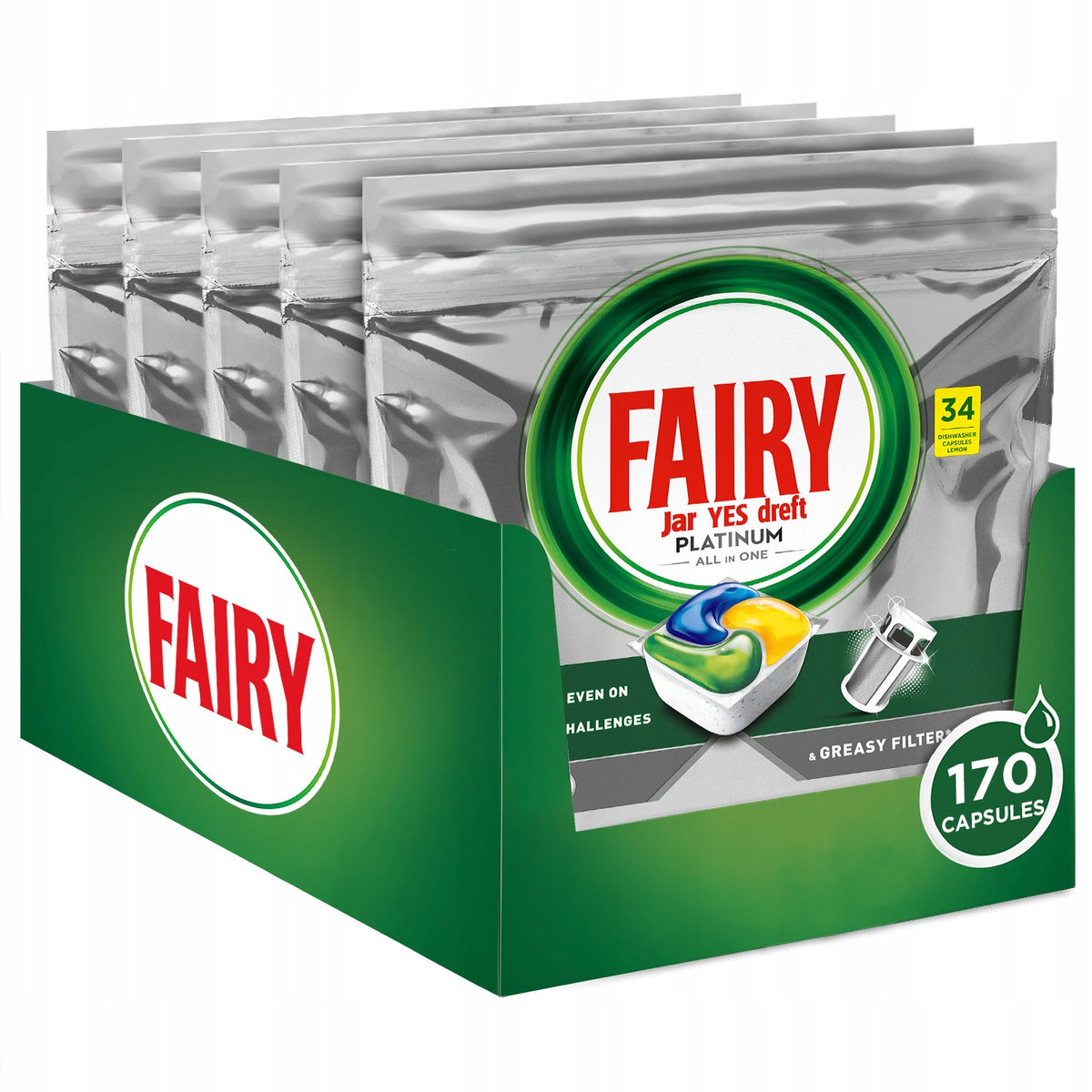 Fairy Platinum Lemon All In One Dishwasher Capsules, 170 Pieces