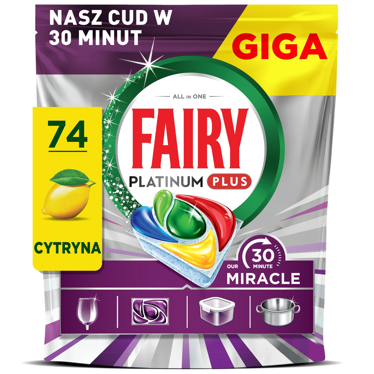 Fairy Platinum Plus 30 Minute Miracle Dishwasher Capsules Lemon 74 Pack
