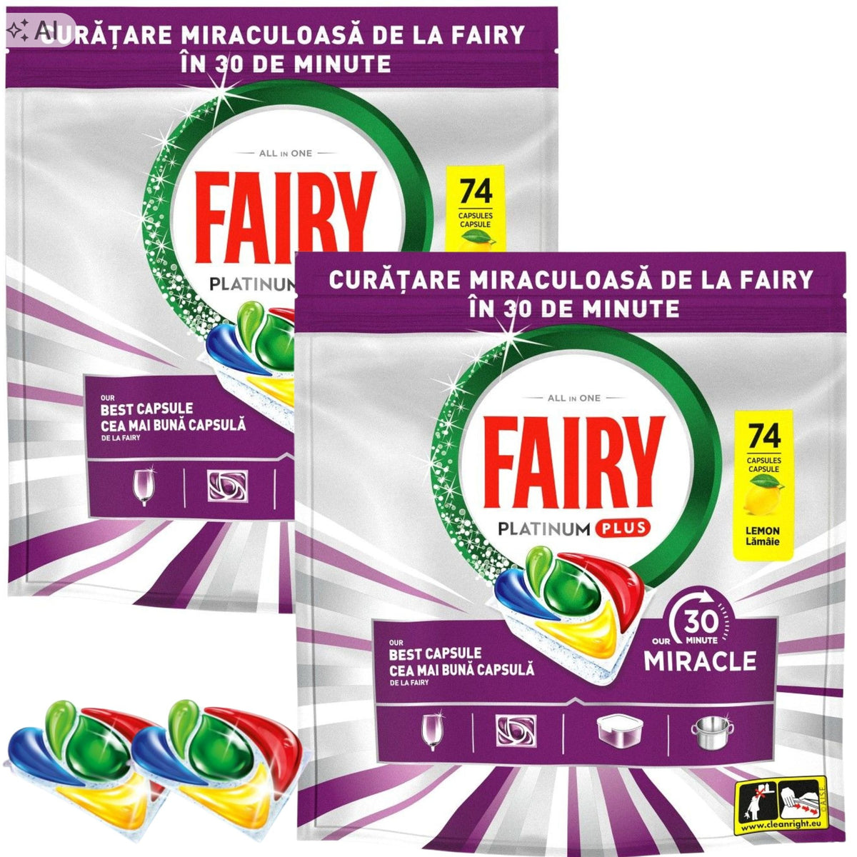 Fairy Platinum Plus 30 Minute Miracle Dishwasher Capsules Lemon 74pcs 2op