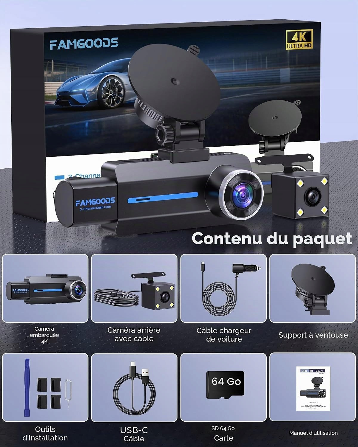 Famgoods4K car camera, IPS3,16 inch screen,360°,front-back,G sensor Packaging status original