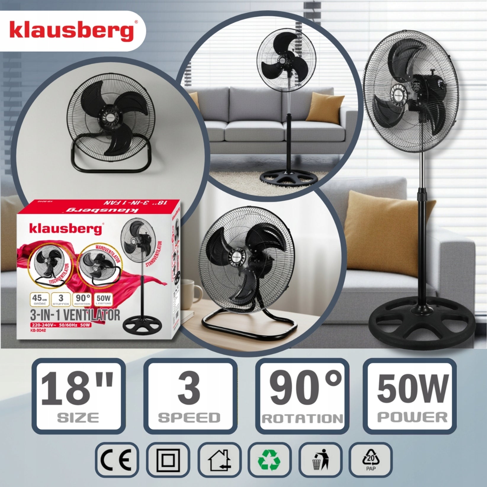 Fan 3in1 45cm Standing Desk Wall Mounted 50W Klausberg KB-9042 Manufacturer code KB-9042