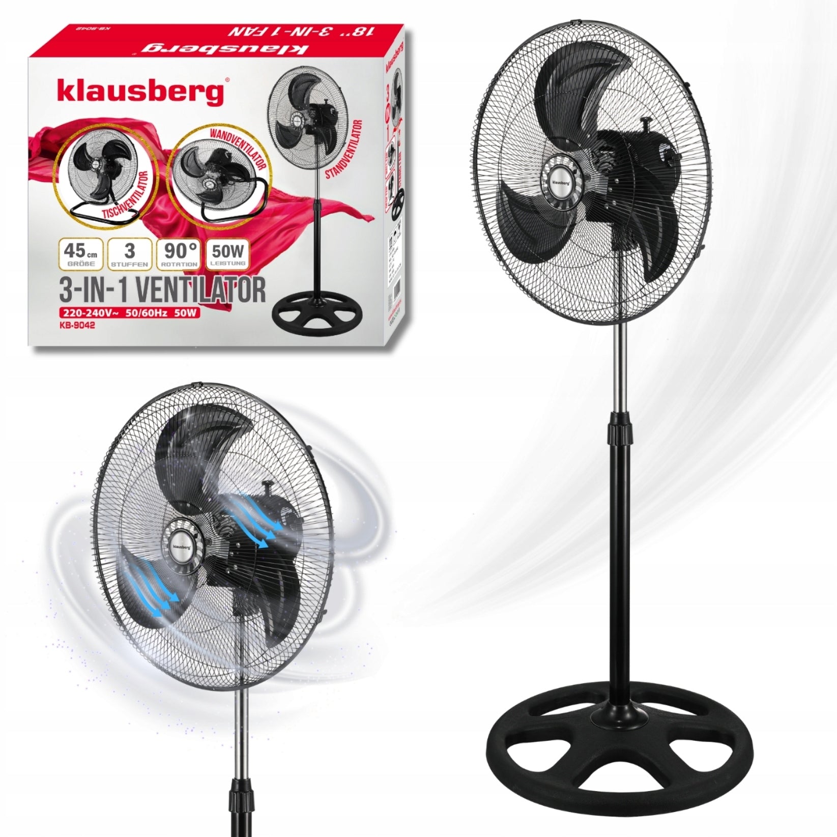 Fan 3in1 45cm Standing Desk Wall Mounted 50W Klausberg KB-9042