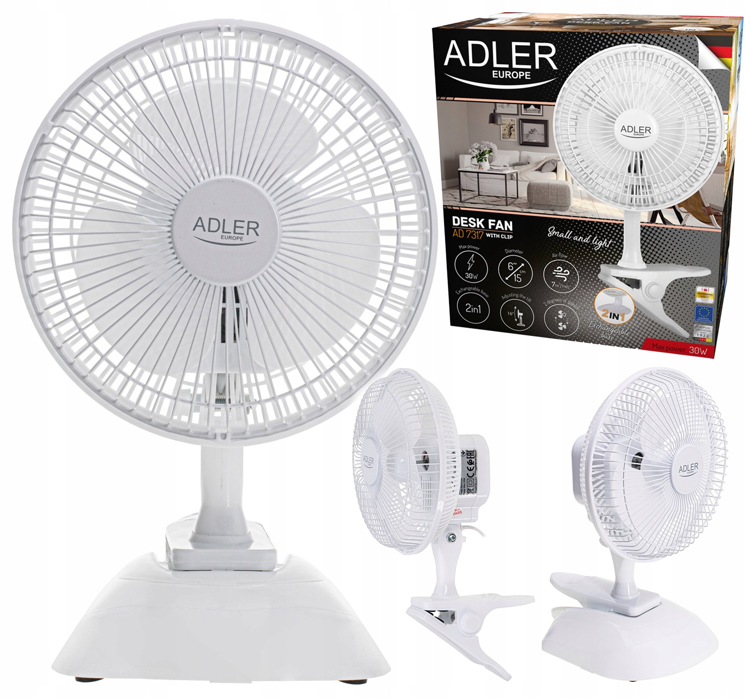 Fan Adler 7317 Standing 2 Modes Desk Speed With Clip 15cm 30W Brand ADLER
