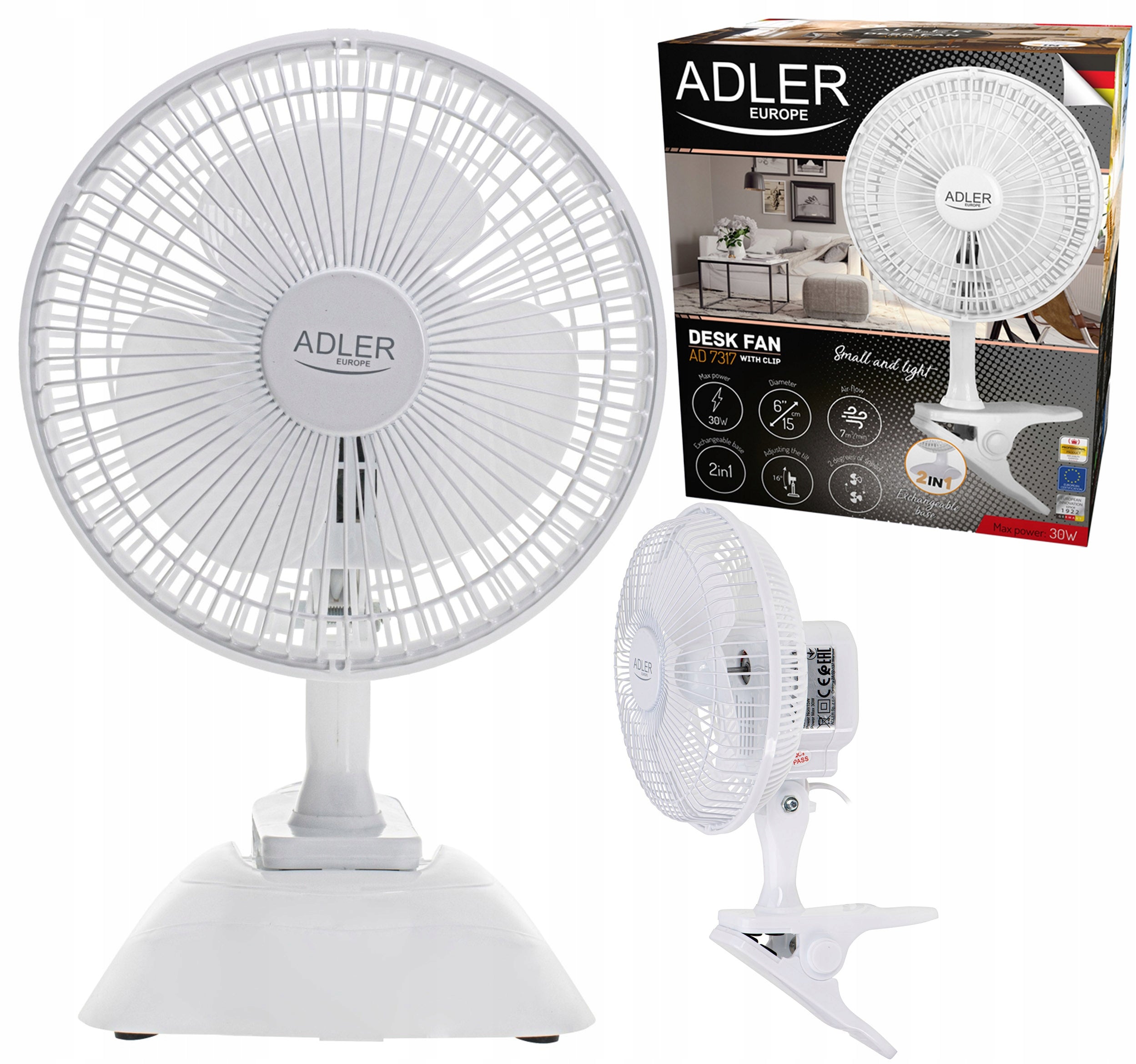 Fan Adler 7317 Standing 2 Modes Desk Speed With Clip 15cm 30W Packaging status original
