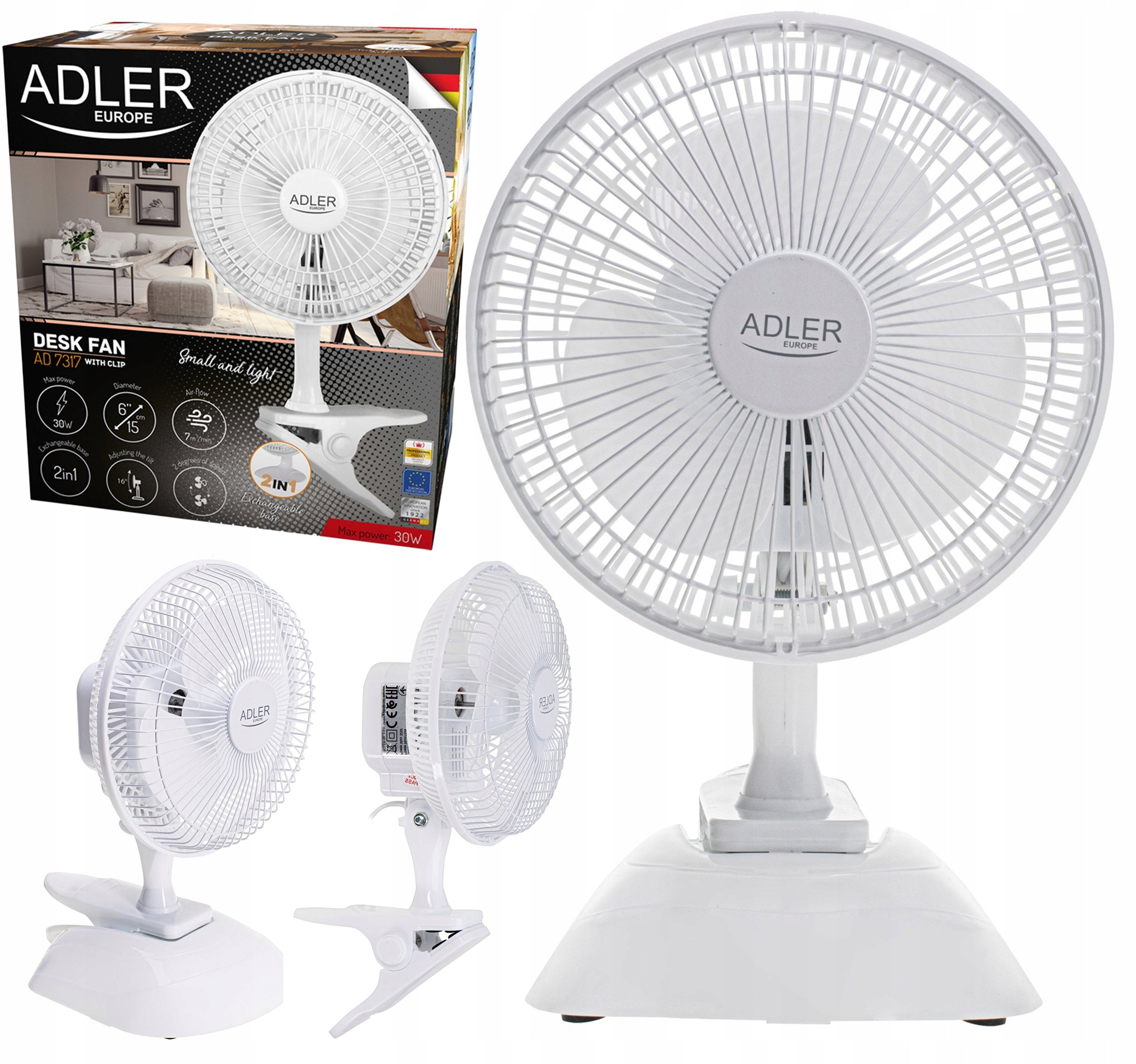 Fan Adler 7317 Standing 2 Modes Desk Speed With Clip 15cm 30W