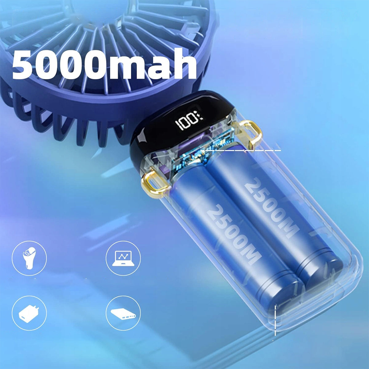 Fan Rechargeable USB Quiet Mini Handheld 5000mAh Functions tilt angle adjustment