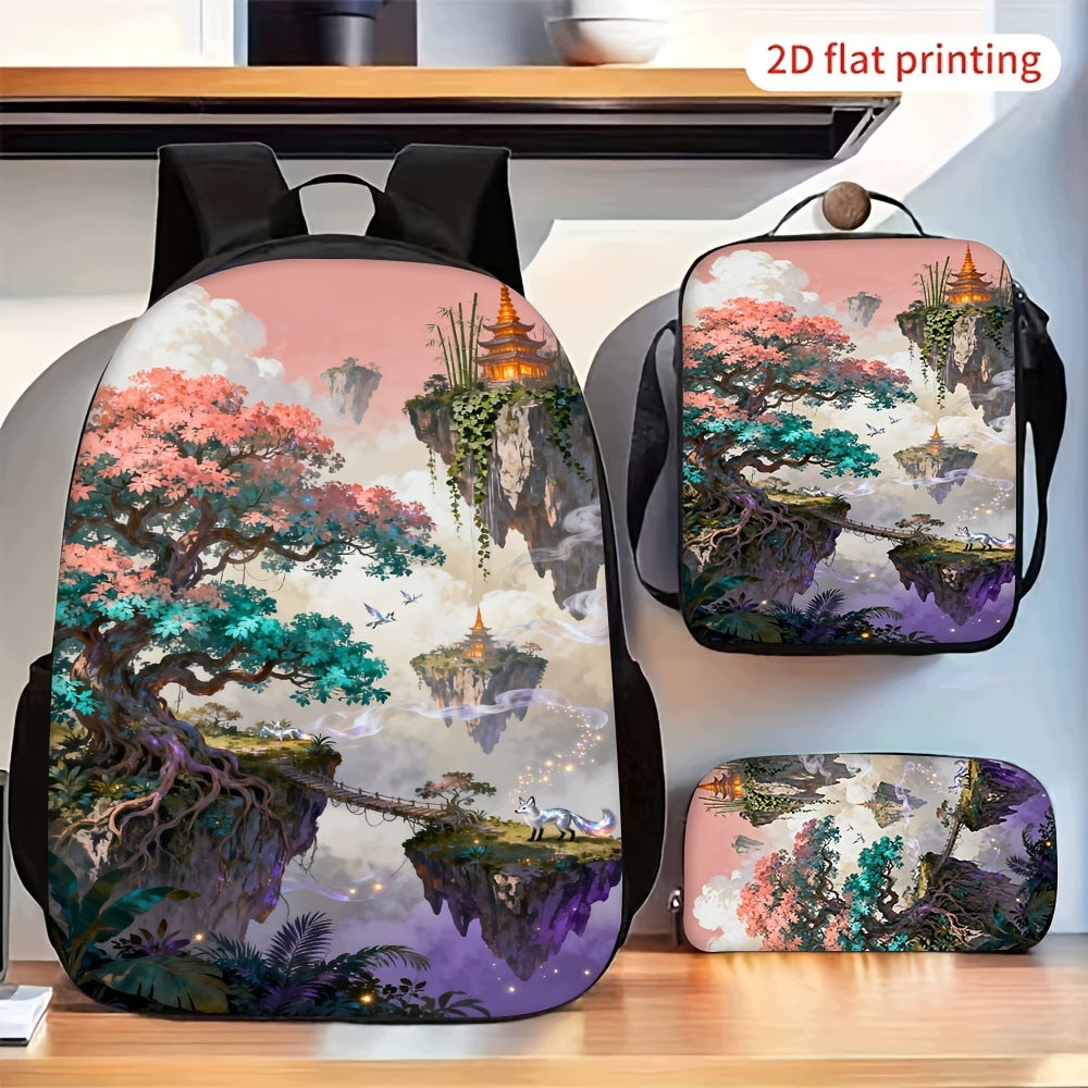 Fantasy Ancient Tower Pink Flower Tree Scenic Backpack Set