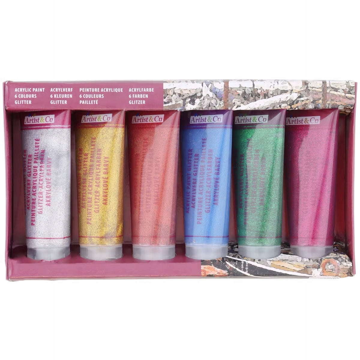 Acrylfarbe mit Glitzer, 6 Tuben, 6 Farben, 6 x 75 ml 