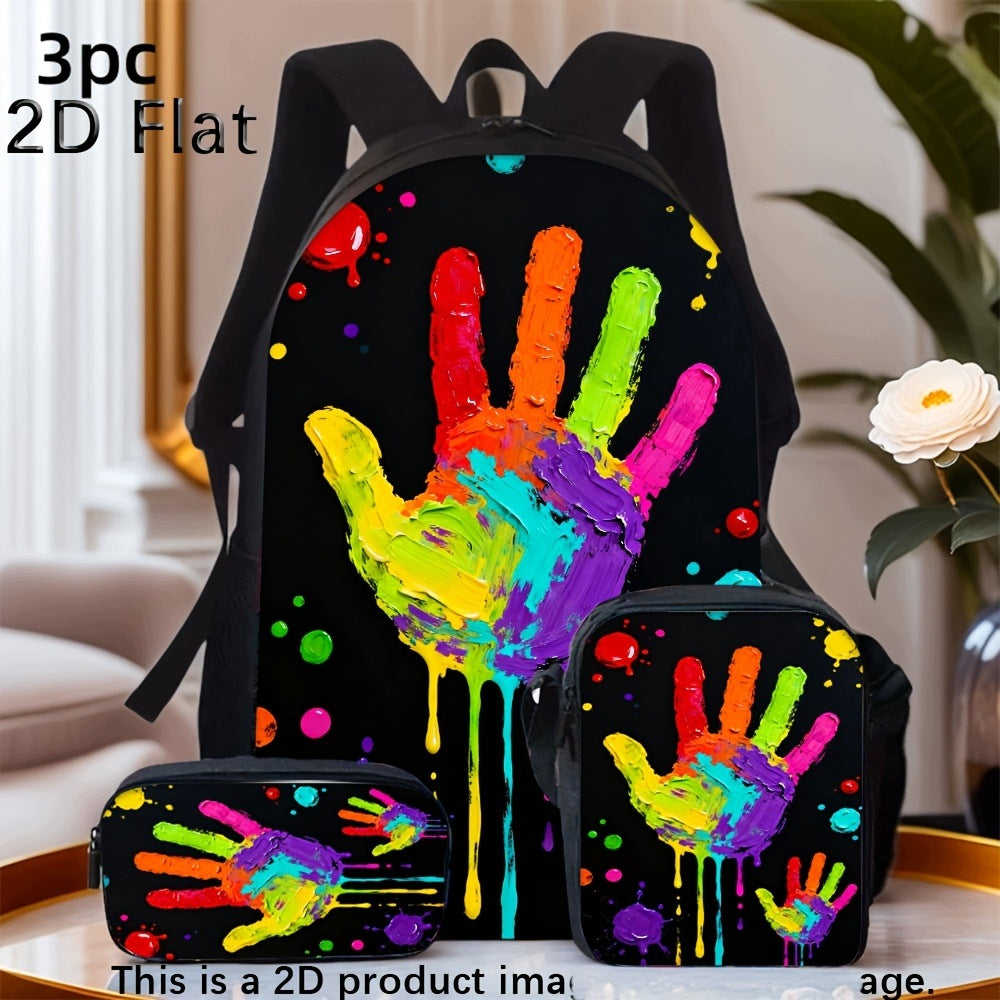 Fashion Colorful Graffiti Handprint Print 3-Piece Backpack Set