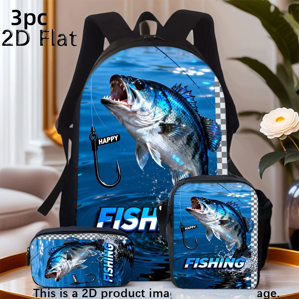Fashion Fishing Large Mouth Bass Print Backpack Set Outdoor Daily Bag
