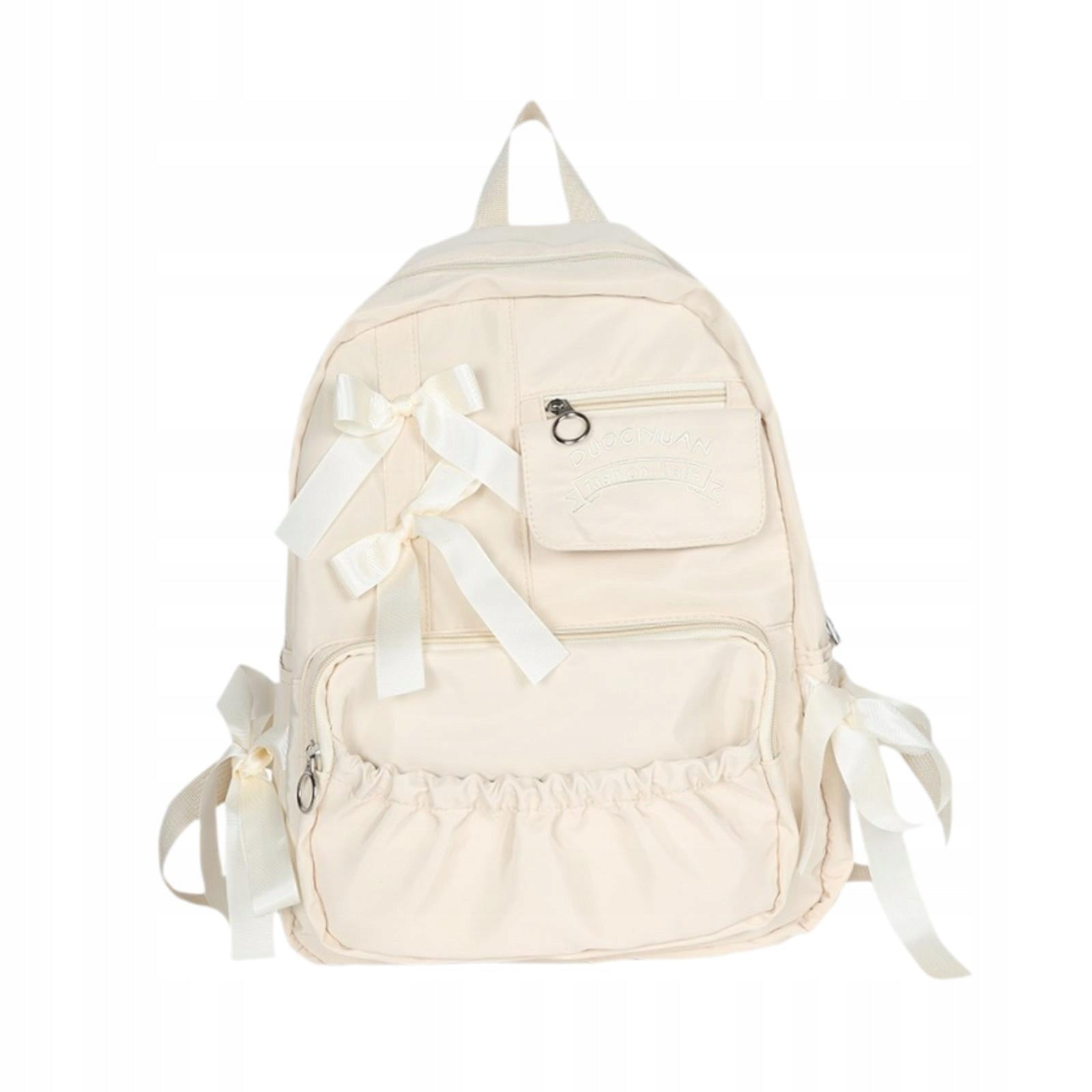 Fashion School Backpack with Ribbon Bowknot for Teen Girls, Student Beige Brand no brand