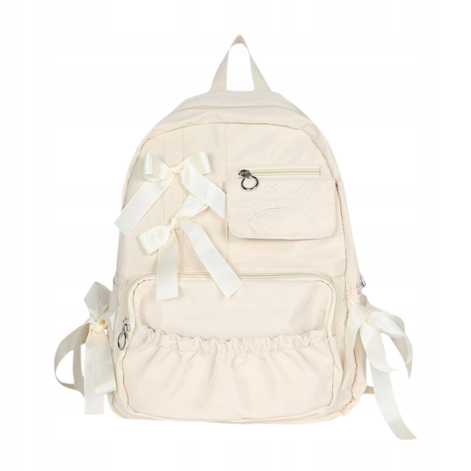 Fashion School Backpack with Ribbon Bowknot for Teen Girls, Student Beige