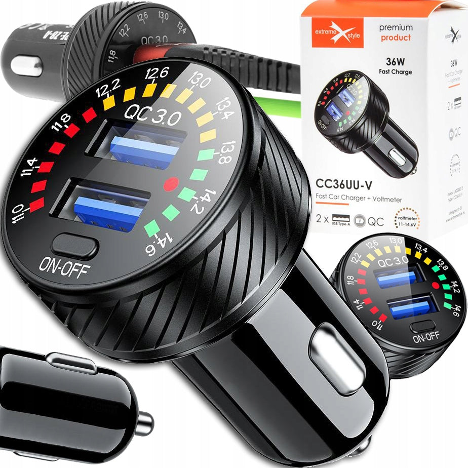 Fast Car Charger 2 x USB Quick Charge 3.0 36W VOLTAGE INDICATOR