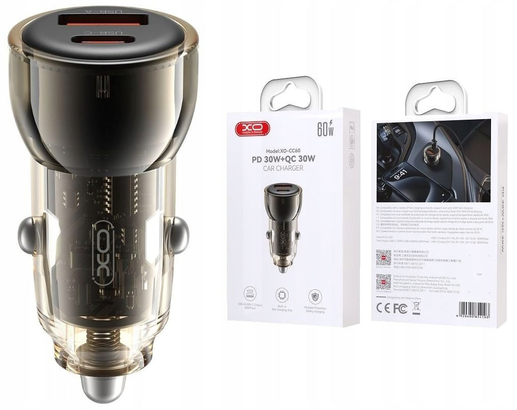 Fast Car Charger for Cigarette Lighter 2 x USB USB -C PD QC 3.0 60W