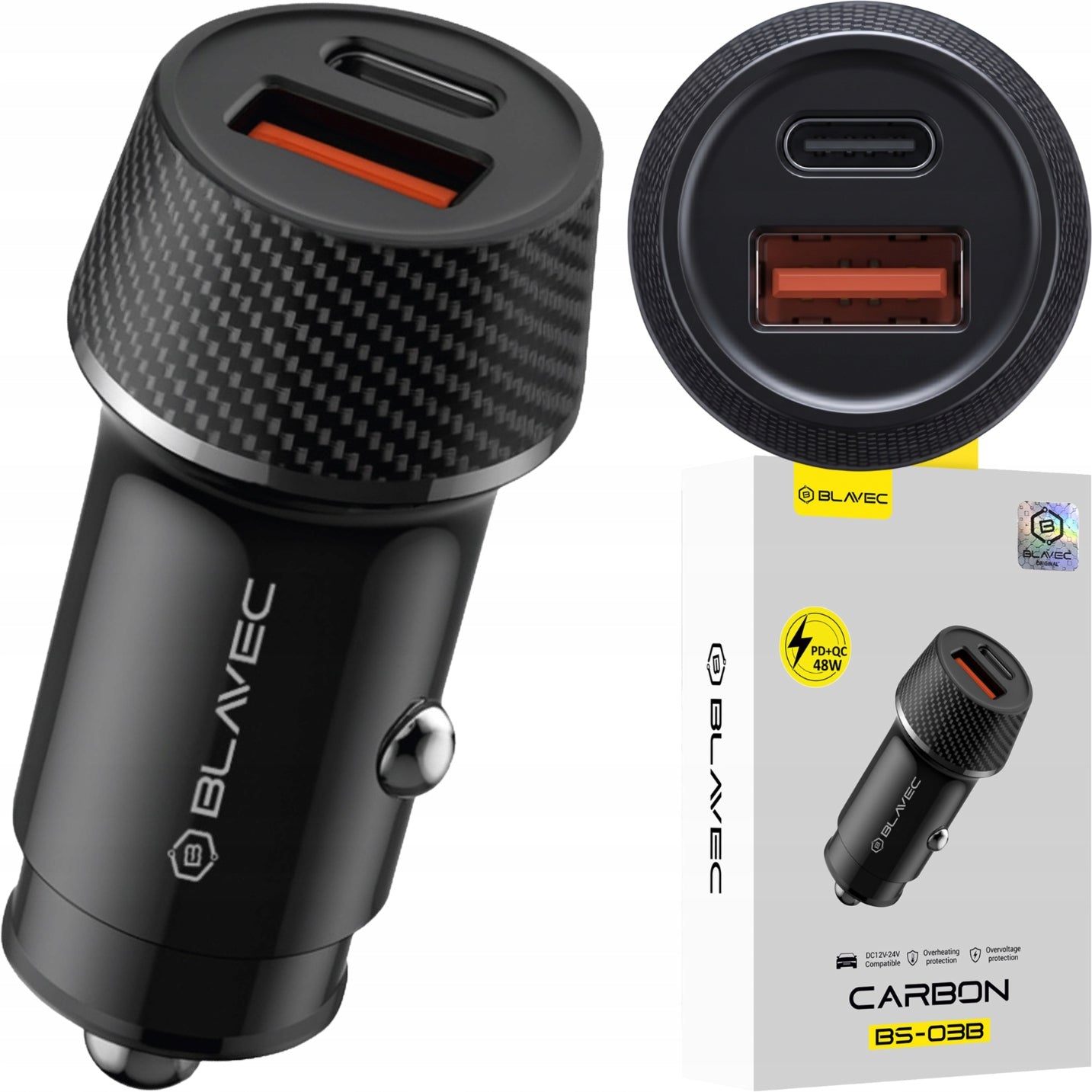 Fast USB Car Charger USB-C QC3.0 PD 48W For Cigarette Lighter Phone