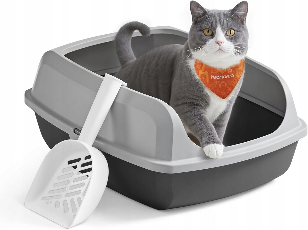 Feandrea Cat litter box open with high sides and dustpan grey