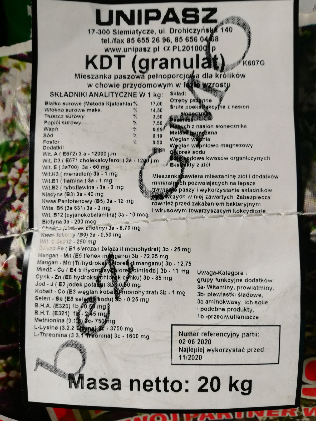 Feed For Rabbits In Fattening Karma Granules For Growth KDT UNIPASZ 20 kg Packaging status original