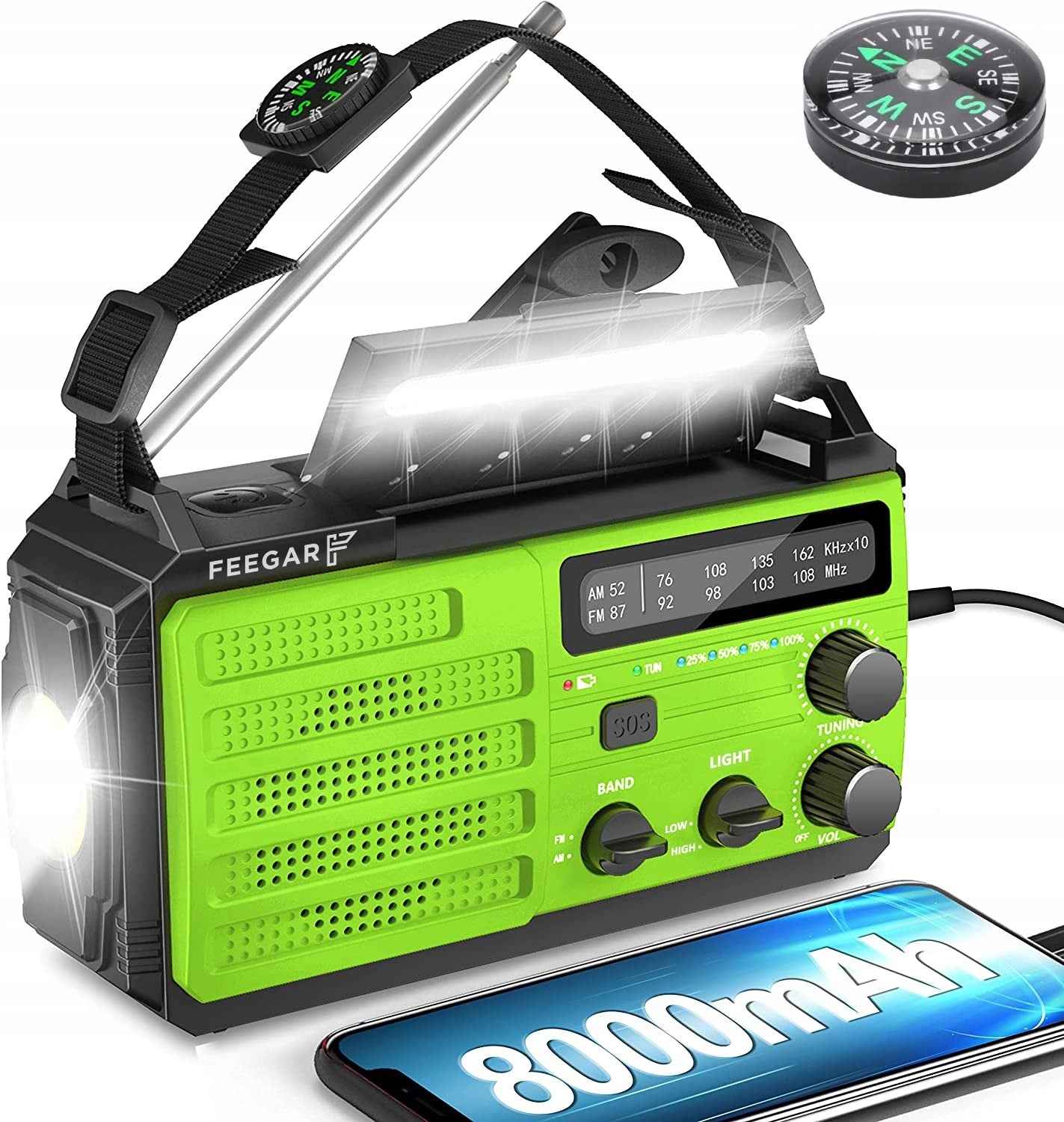 Feegar OZE3 FM Radio AM Construction Network Portable Solar 8000mAh Flashlight